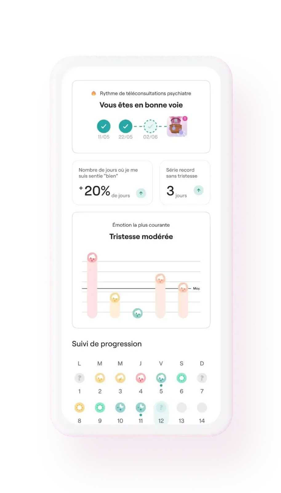 Aperçu de l'application Qare Mind : suivi des objectifs et de la progression