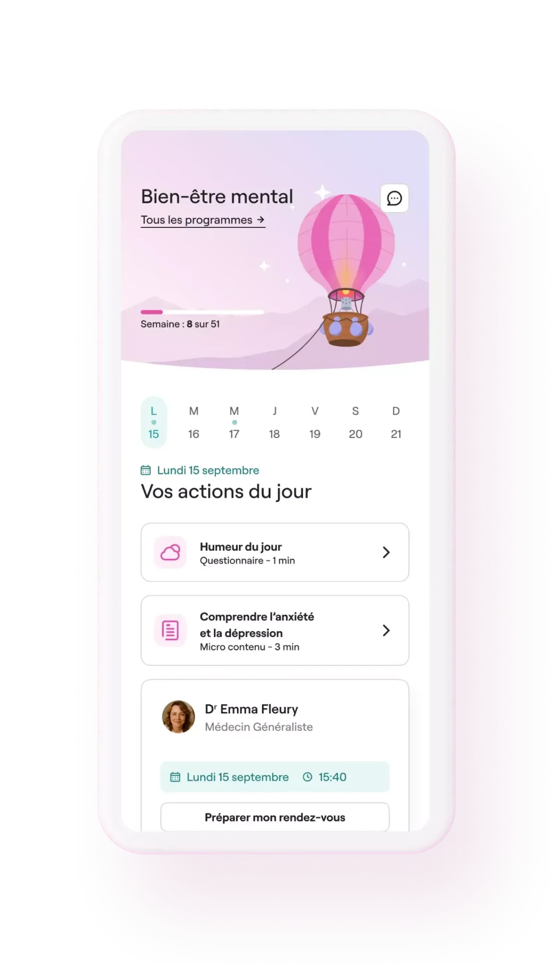 Aperçu de l'application Qare Mind : plan d'action du jour