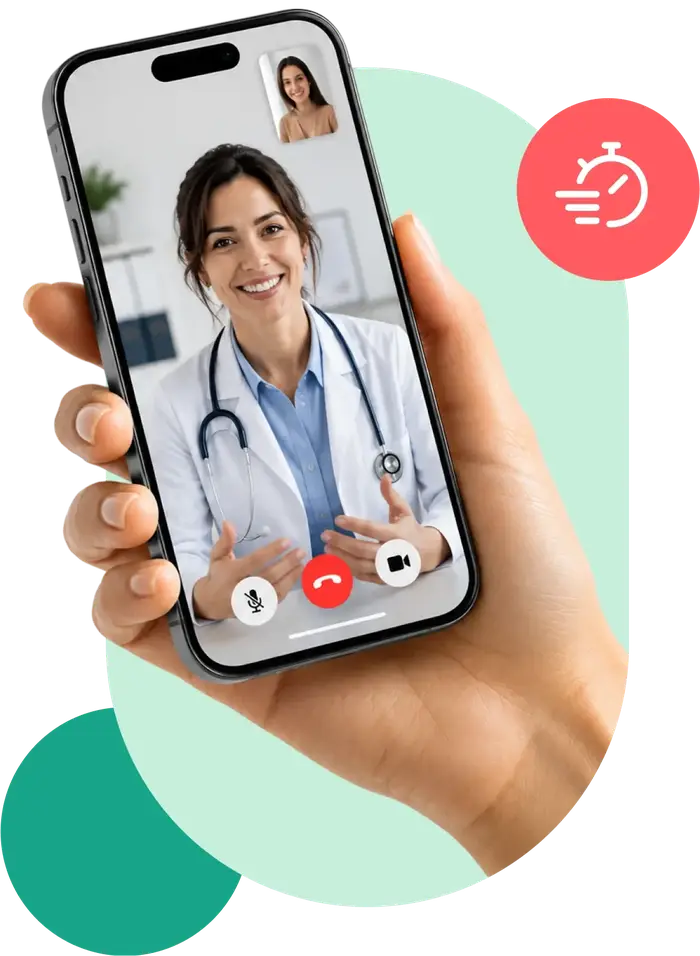Patiente en téléconsultation vidéo avec une médecin sur son smartphone