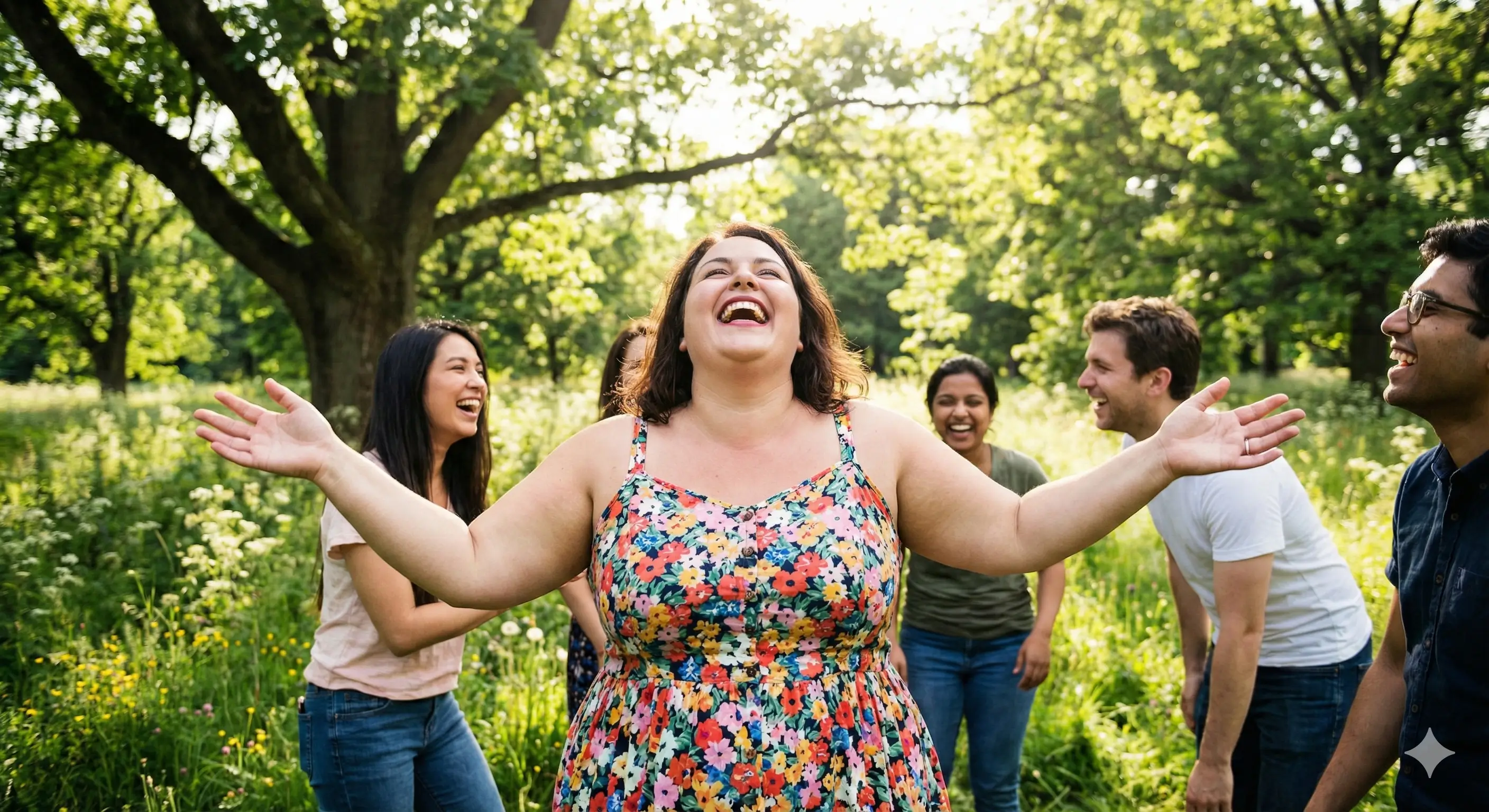 Femme en surpoids en forêt qui est heureuse
