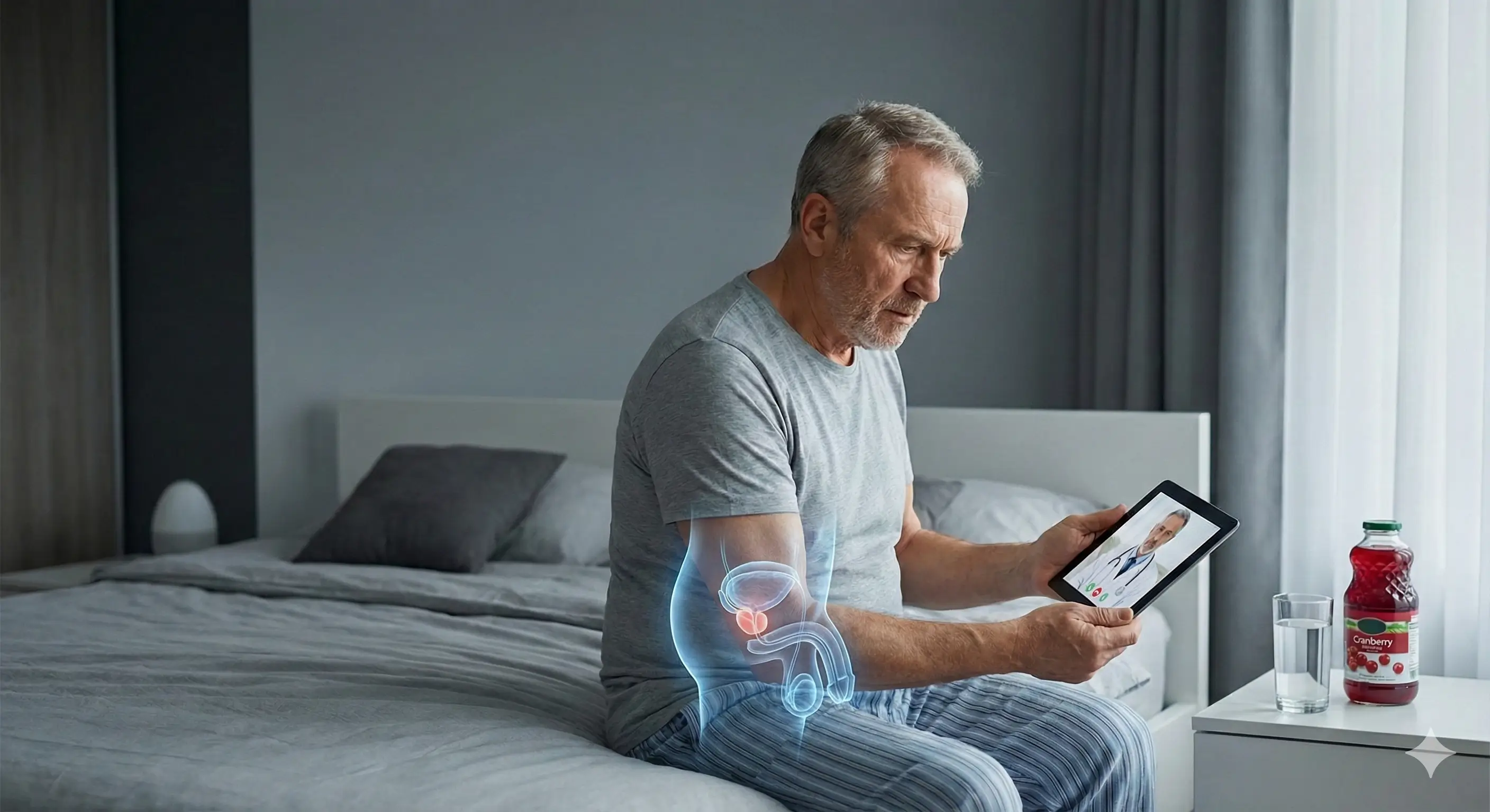 Homme âgé assis sur son lit tenant une tablette en téléconsultation, avec une illustration de la prostate et une bouteille de jus de canneberge sur la table de chevet