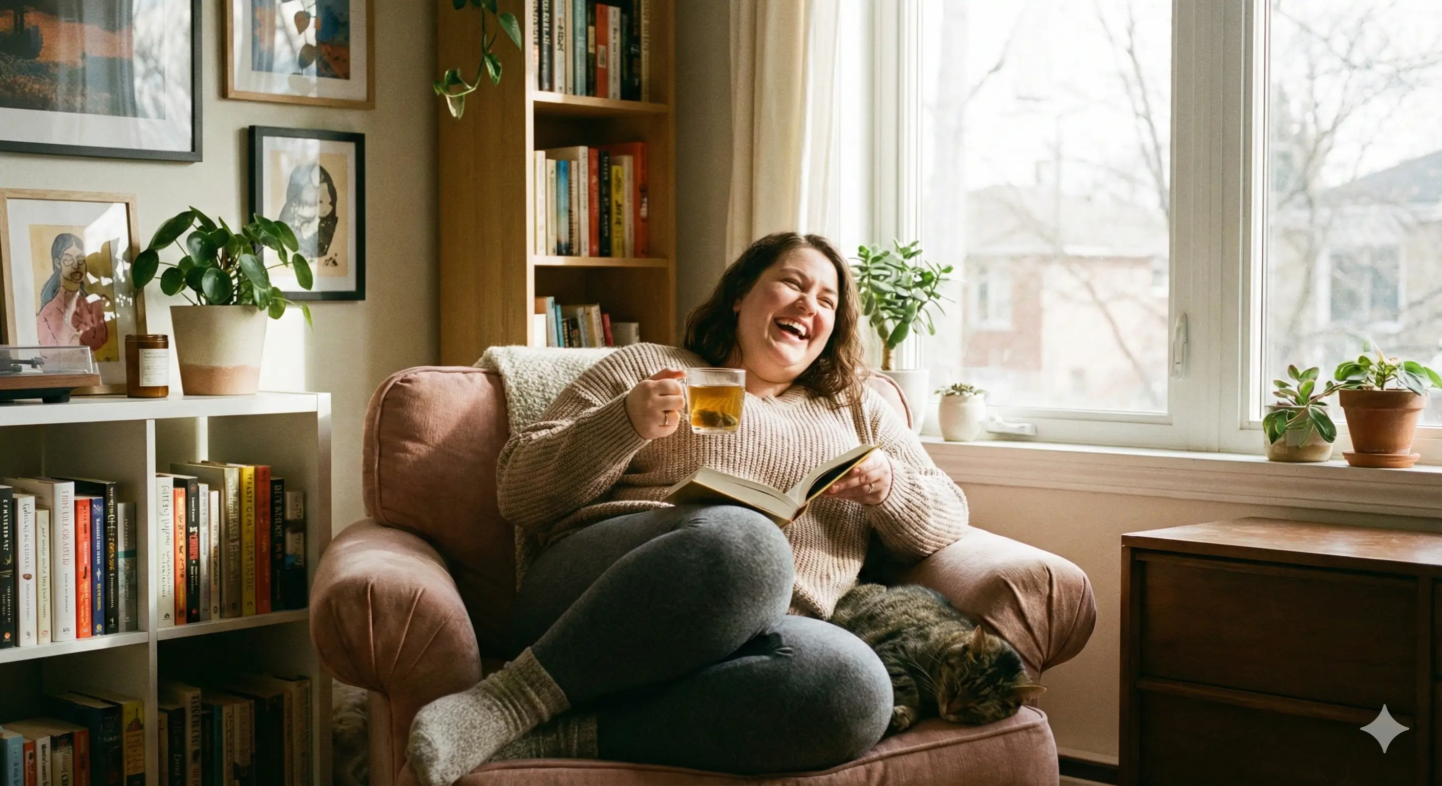 Femme en surpoids dans son canapé qui rigole