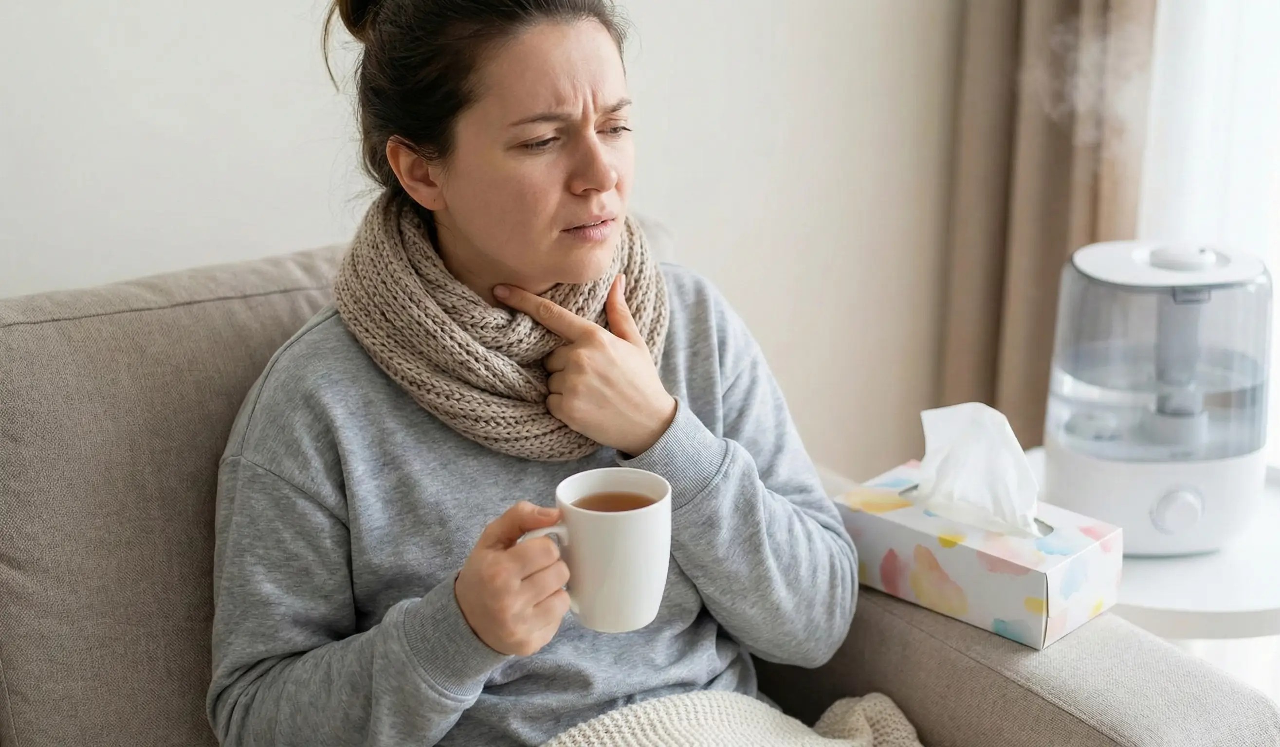 Femme se tenant la gorge car elle est atteinte d'une laryngite
