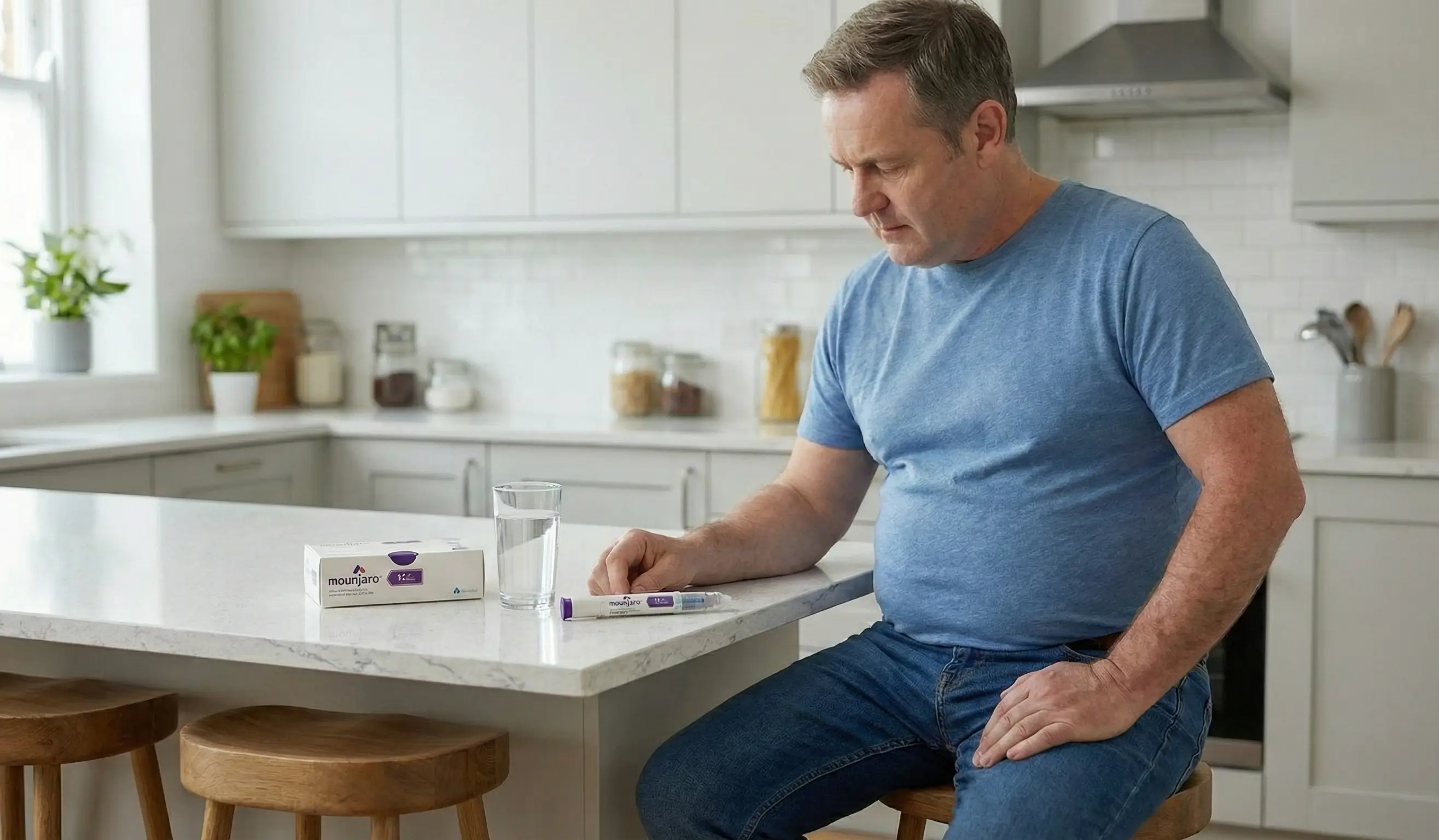 Homme assis en cuisine regardant une boîte et un stylo injecteur Mounjaro.