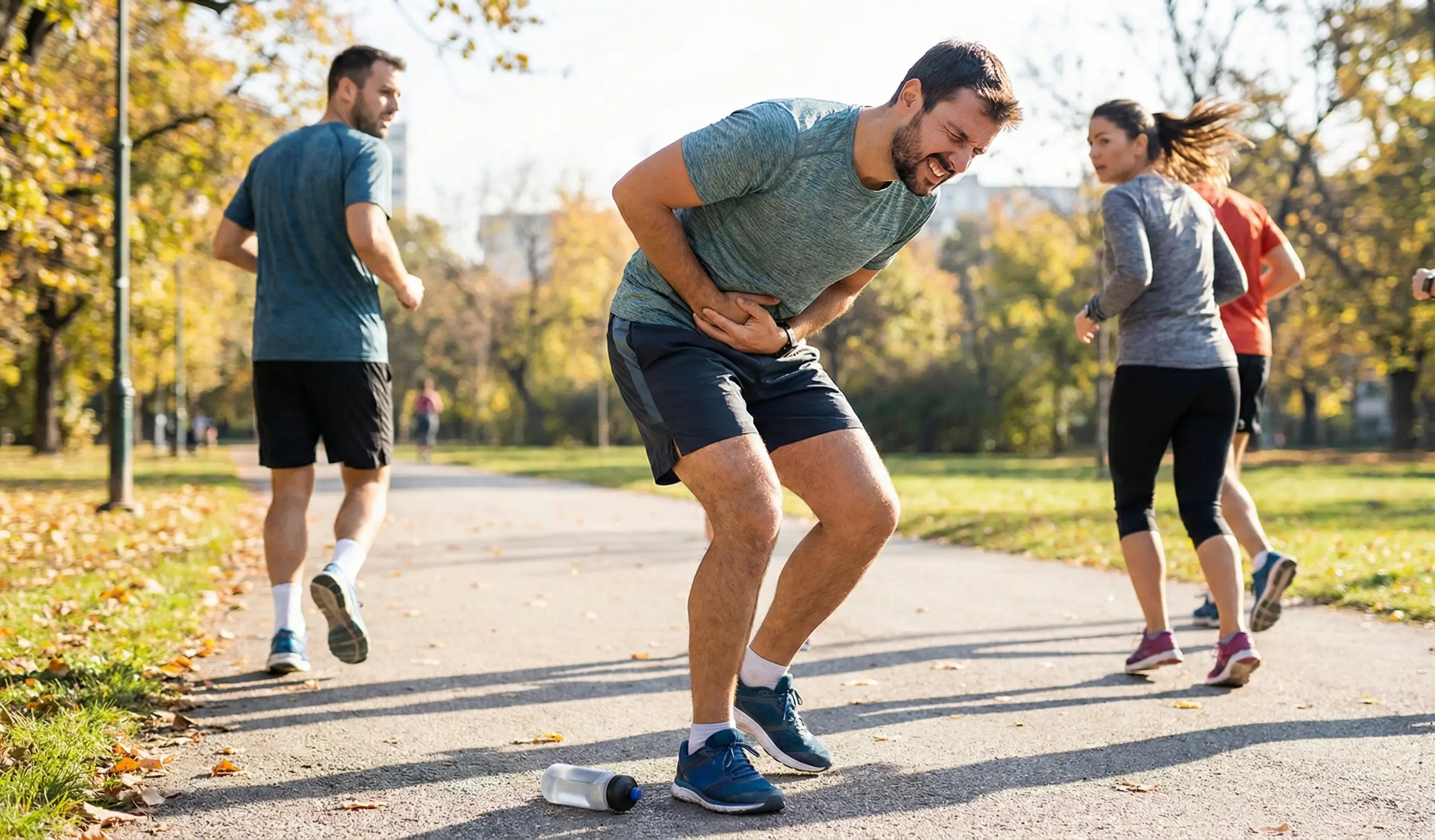 Homme ressentant des douleurs abdominales pendant une séance de sport