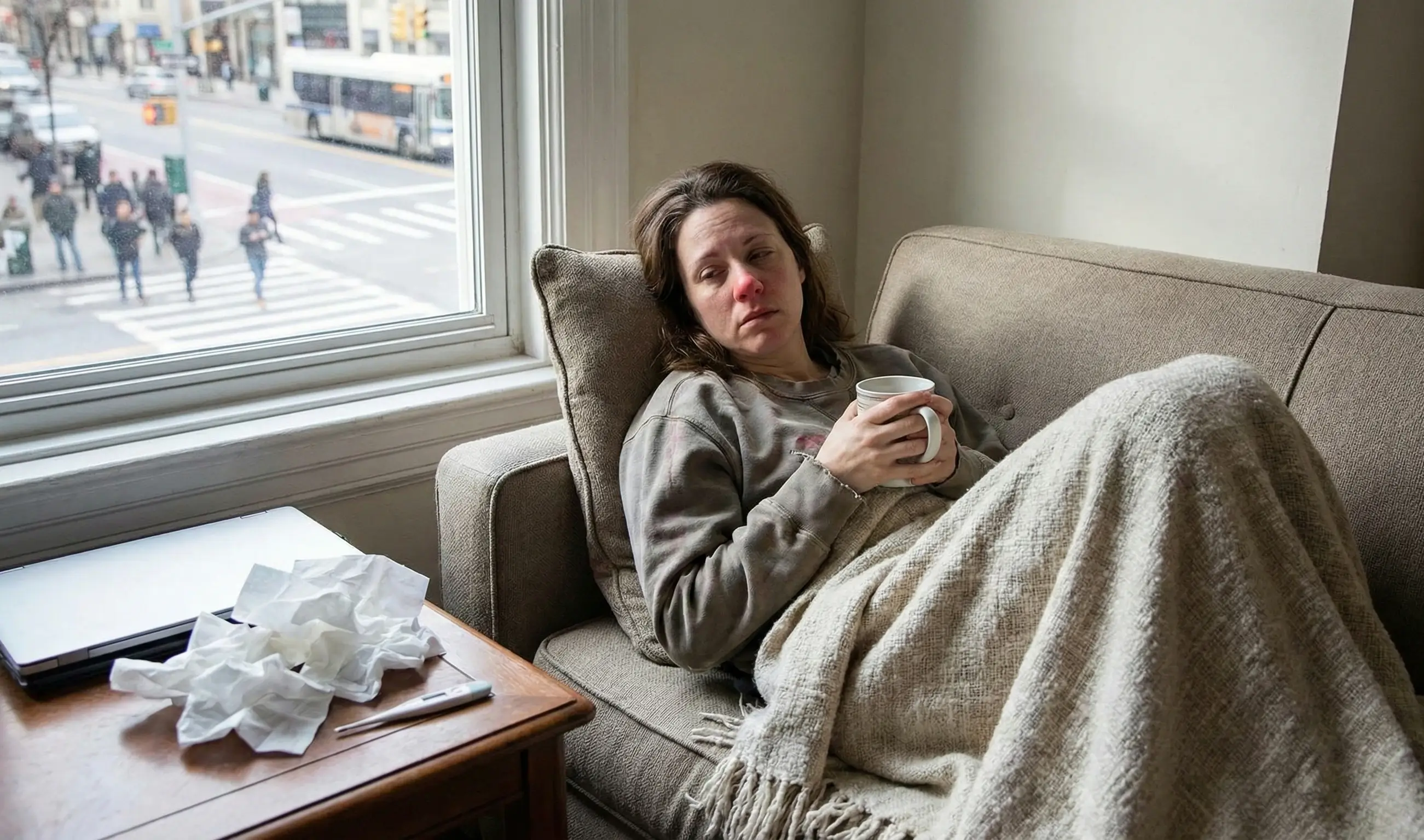 Femme grippée se reposant sur un canapé avec une tasse chaude, le nez rouge et des mouchoirs à proximité.