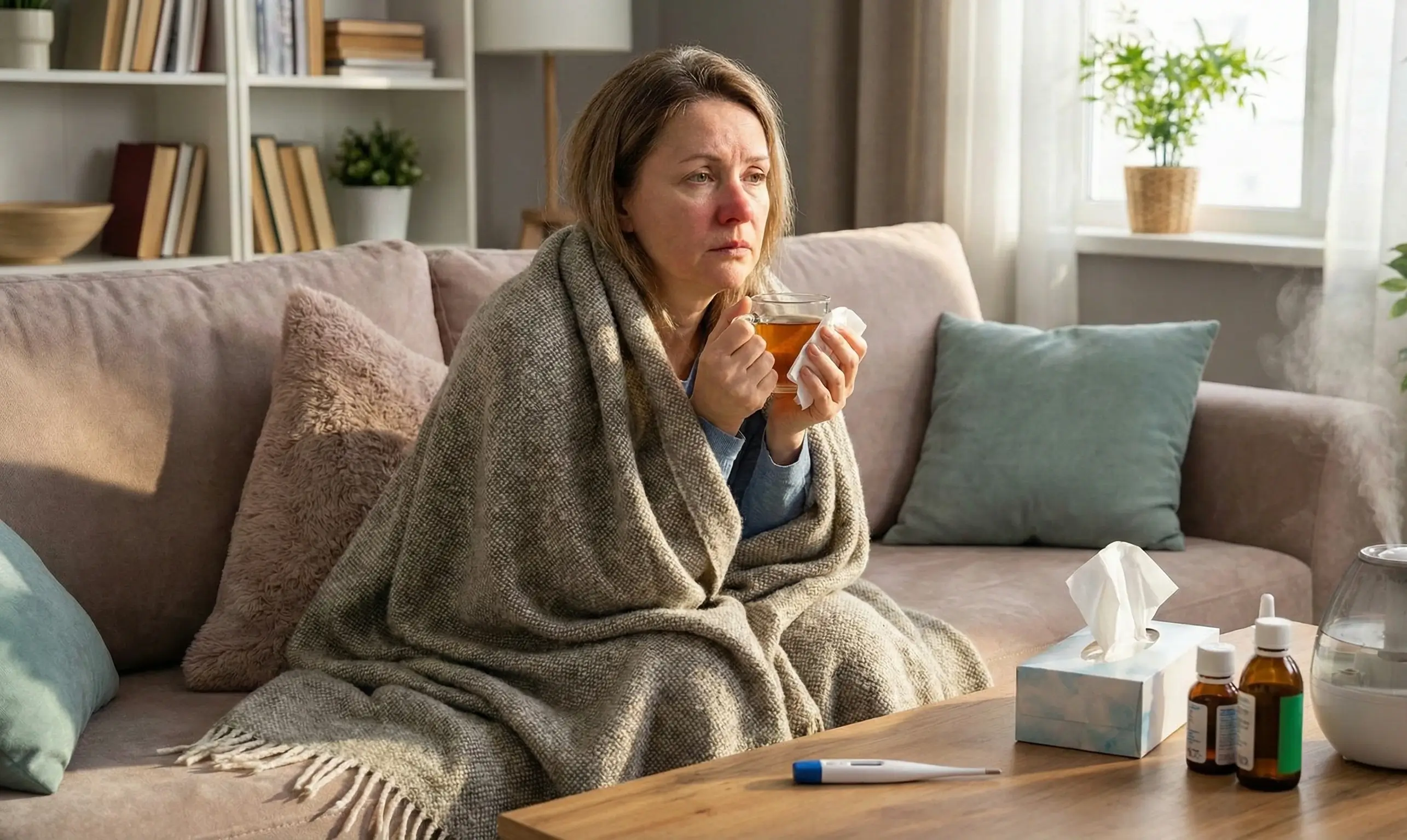 Femme grippée enveloppée dans une couverture, buvant une tisane chaude avec thermomètre et médicaments sur la table.