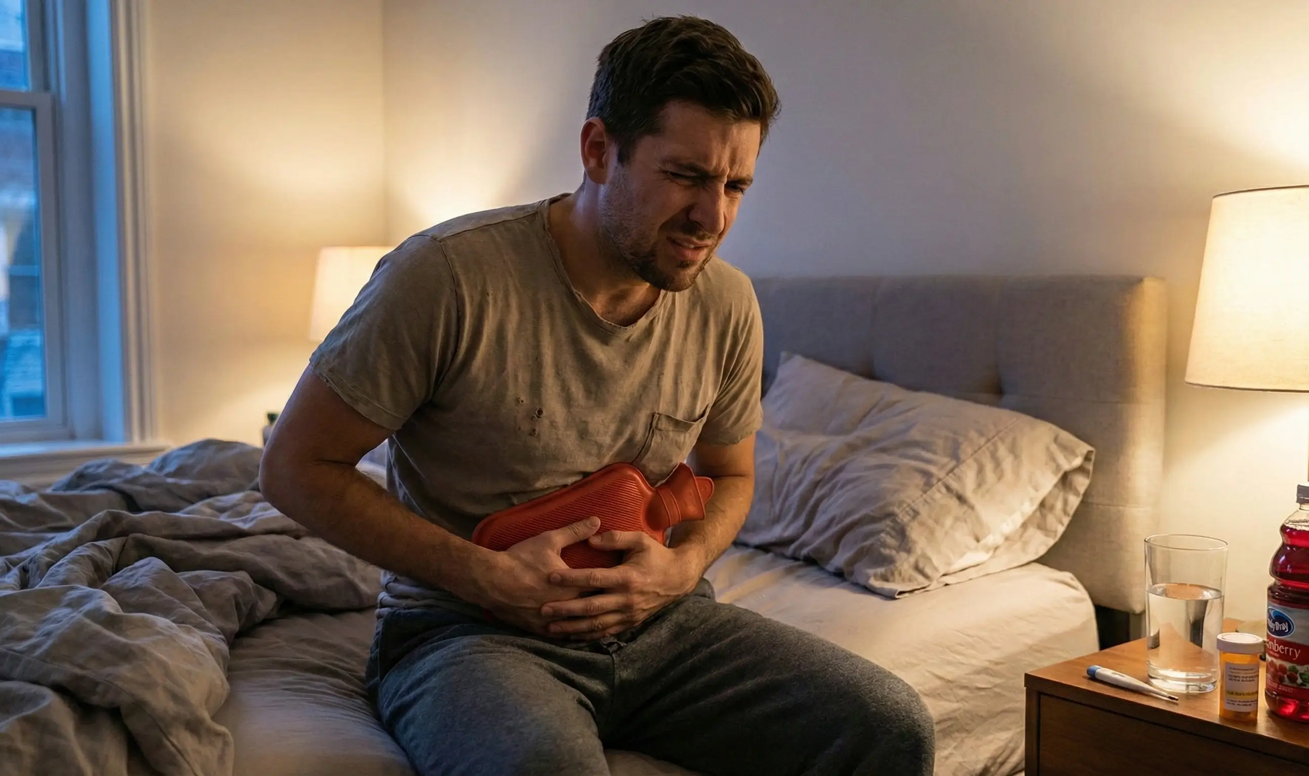 Homme souffrant d'infection urinaire la nuit avec bouillotte chaude