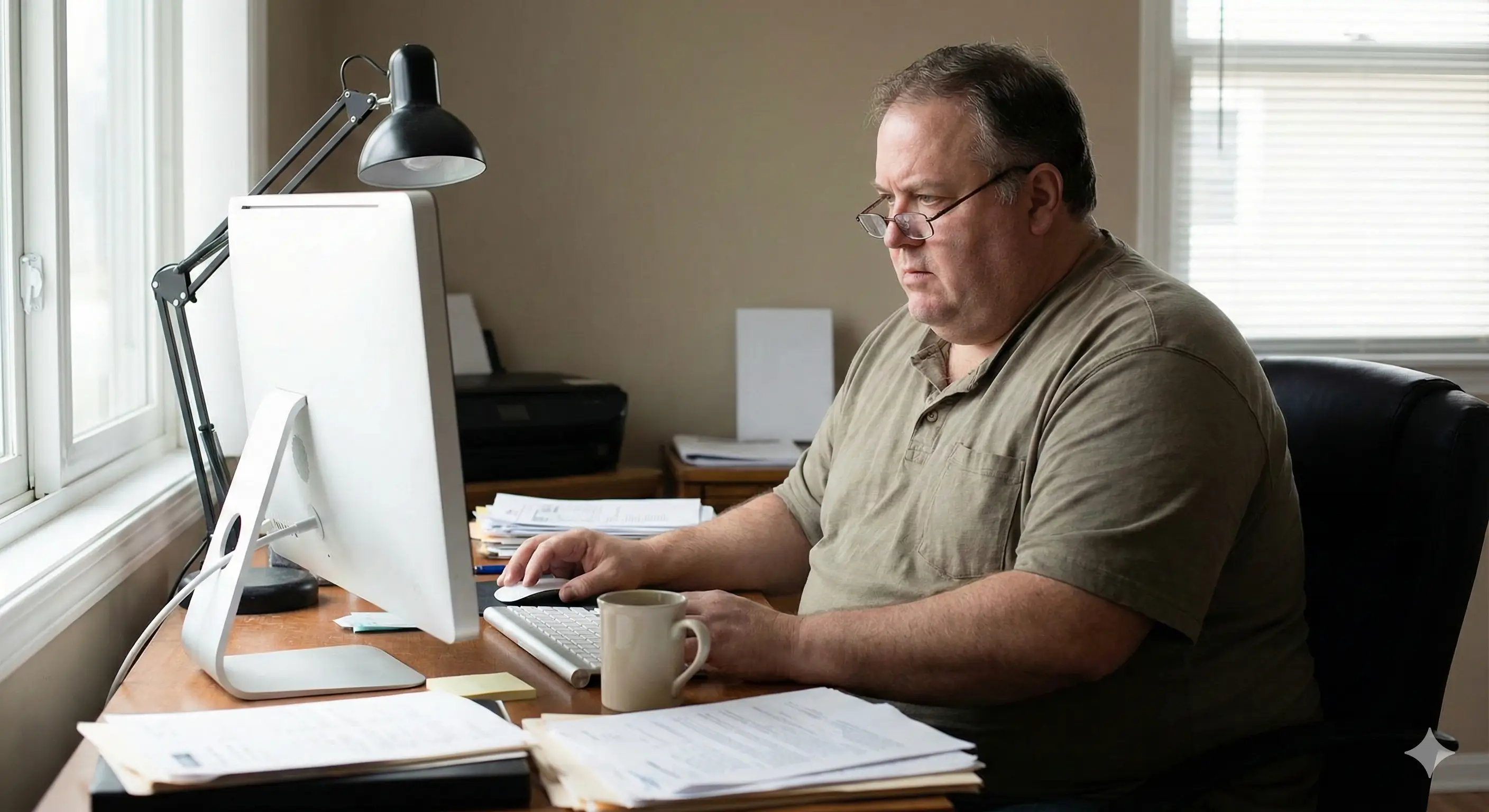 Un homme en situation d'obésité travaille avec concentration devant son ordinateur dans un bureau à domicile encombré de dossiers.