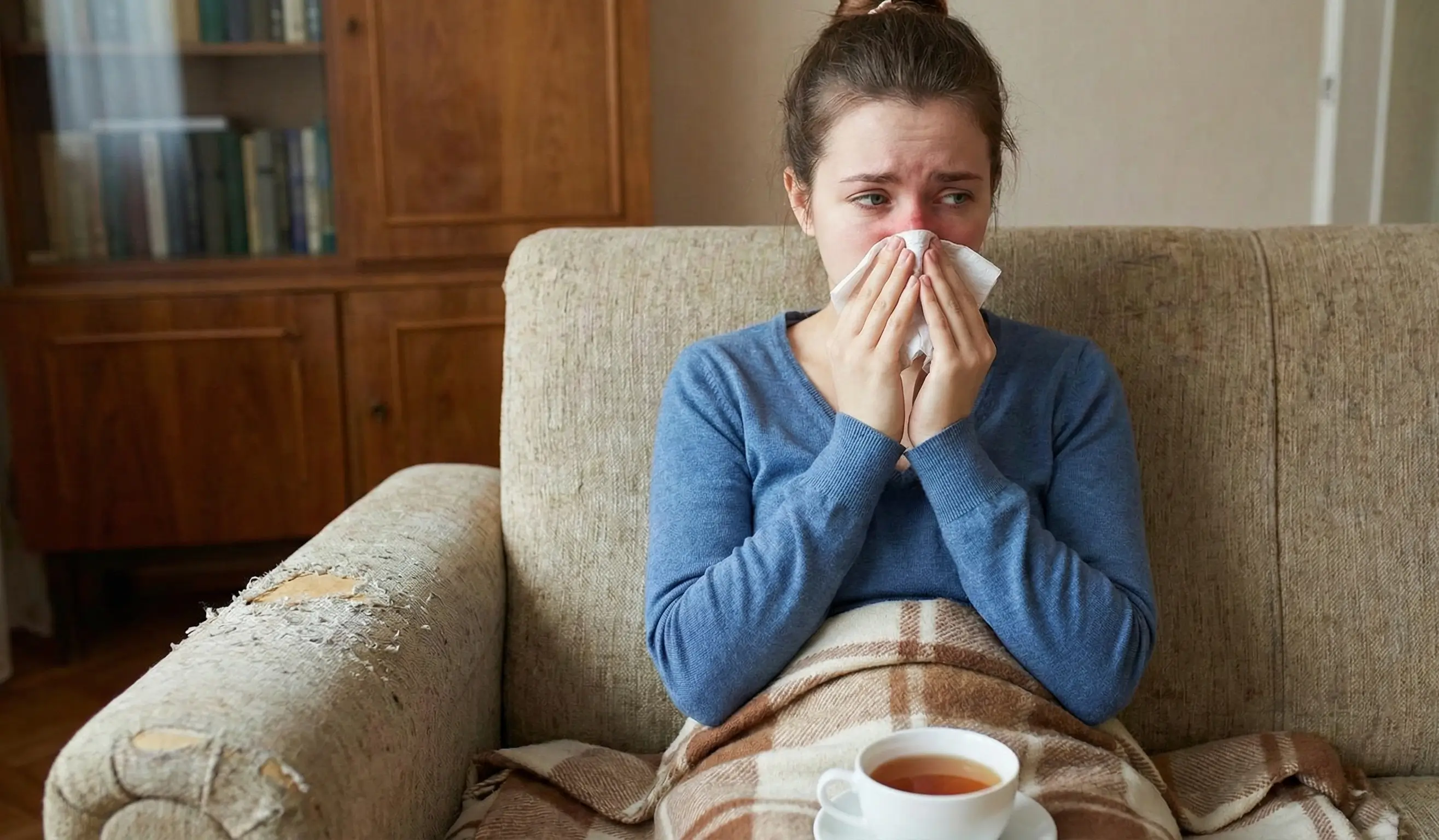 emme avec rhinite se mouchant seule à la maison sur le canapé