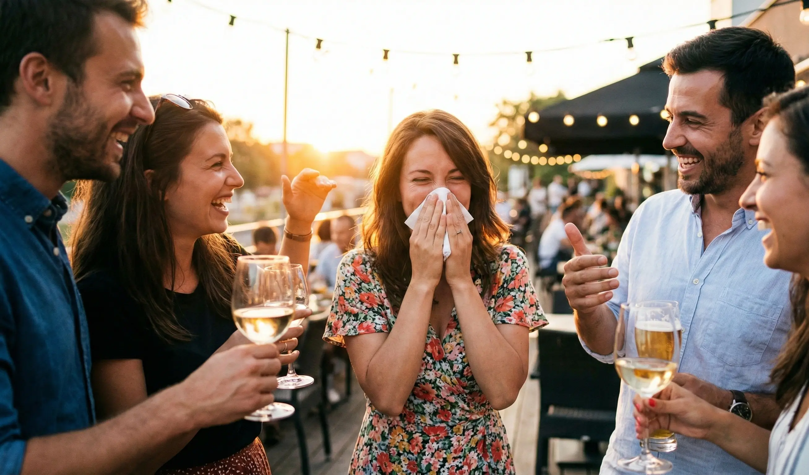 Femme se mouchant entourée d'amis souriants lors d'une soirée en terrasse, allergie saisonnière en contexte social