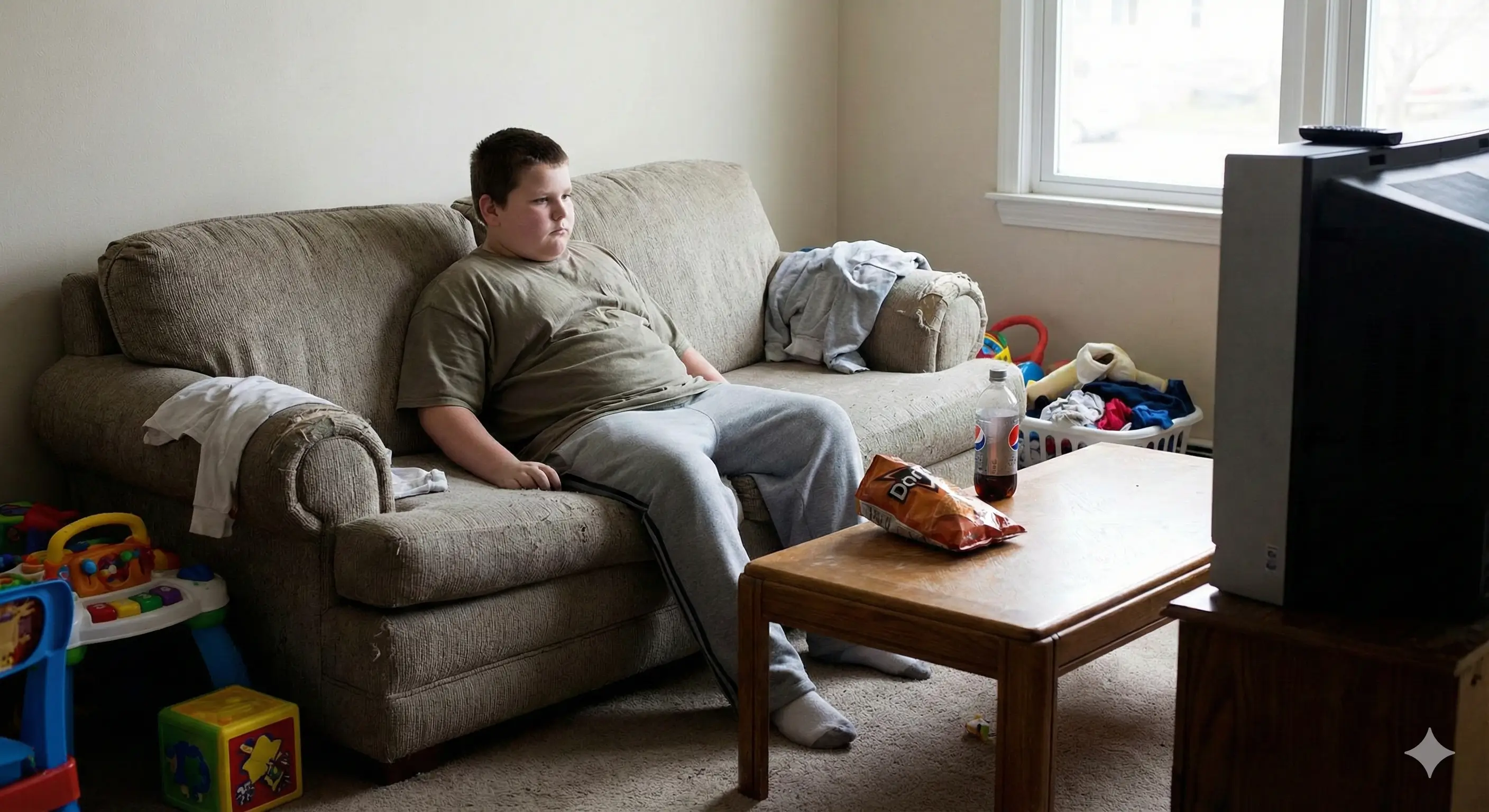 Enfant obèse assis sur un canapé, regardant la télévision, avec un paquet de chips et une bouteille de soda sur la table basse.