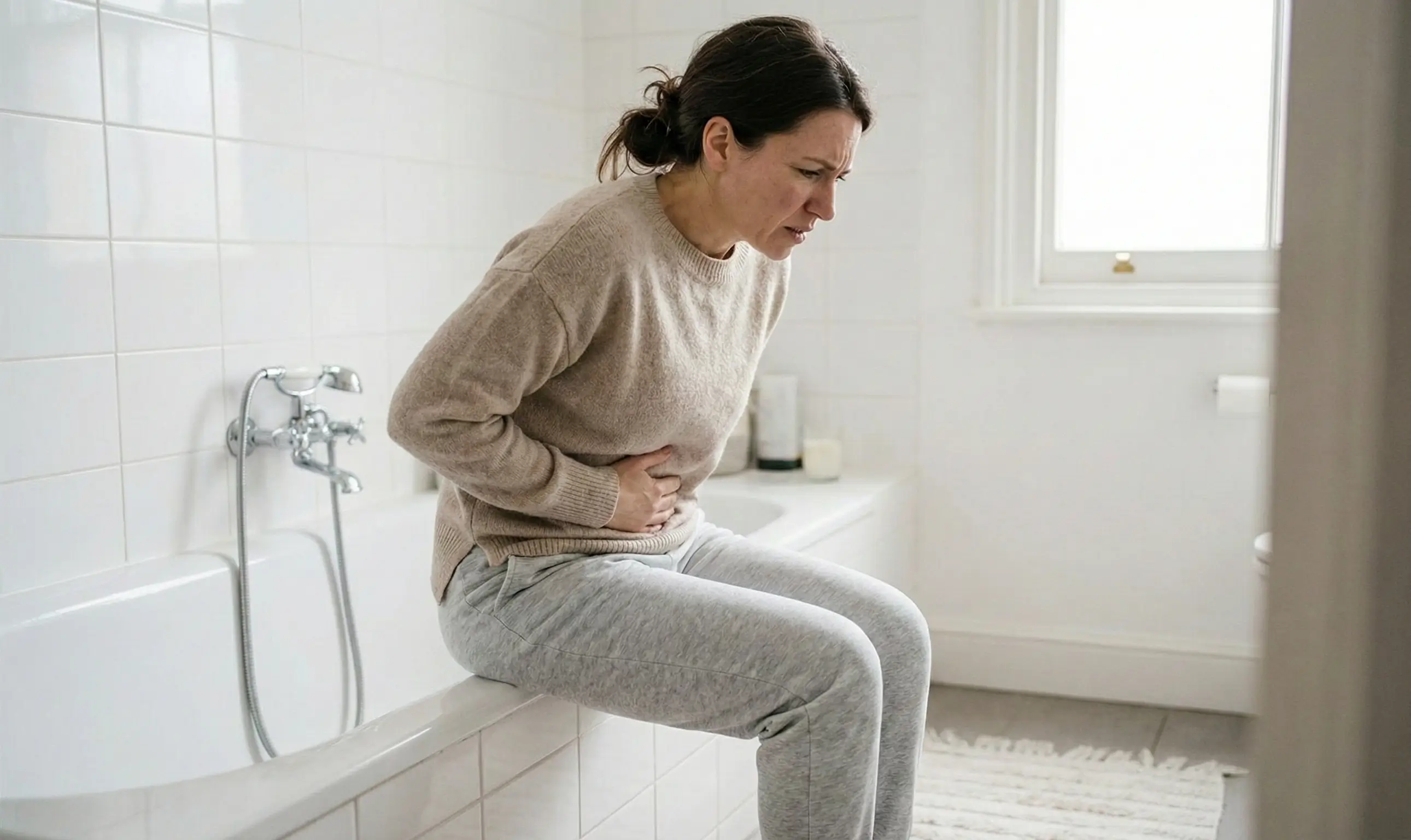Femme souffrant de douleurs abdominales assise au bord d'une baignoire