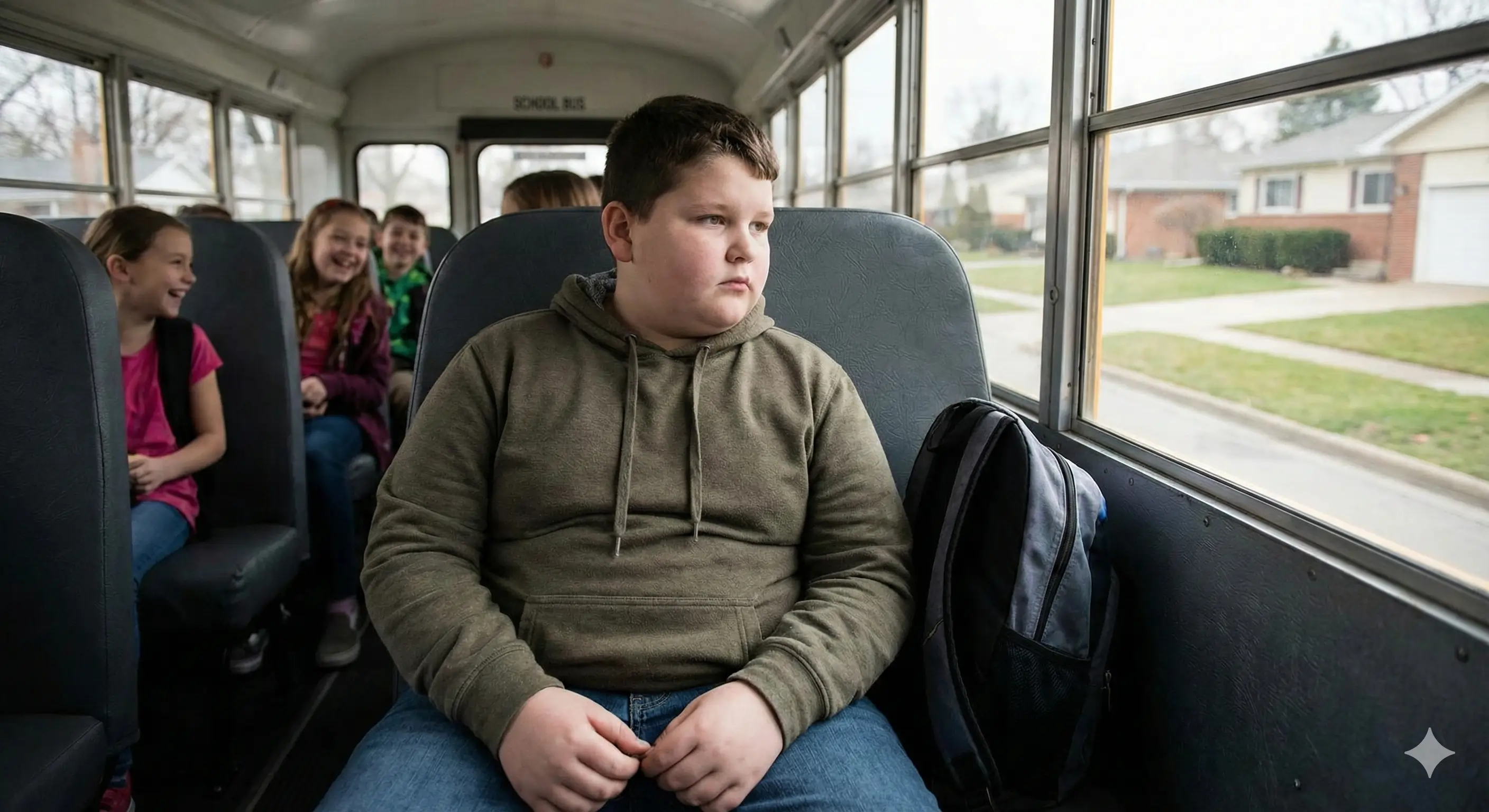 Enfant obèse assis seul et pensif dans le bus scolaire, regardant par la fenêtre, tandis que d'autres élèves discutent derrière lui.