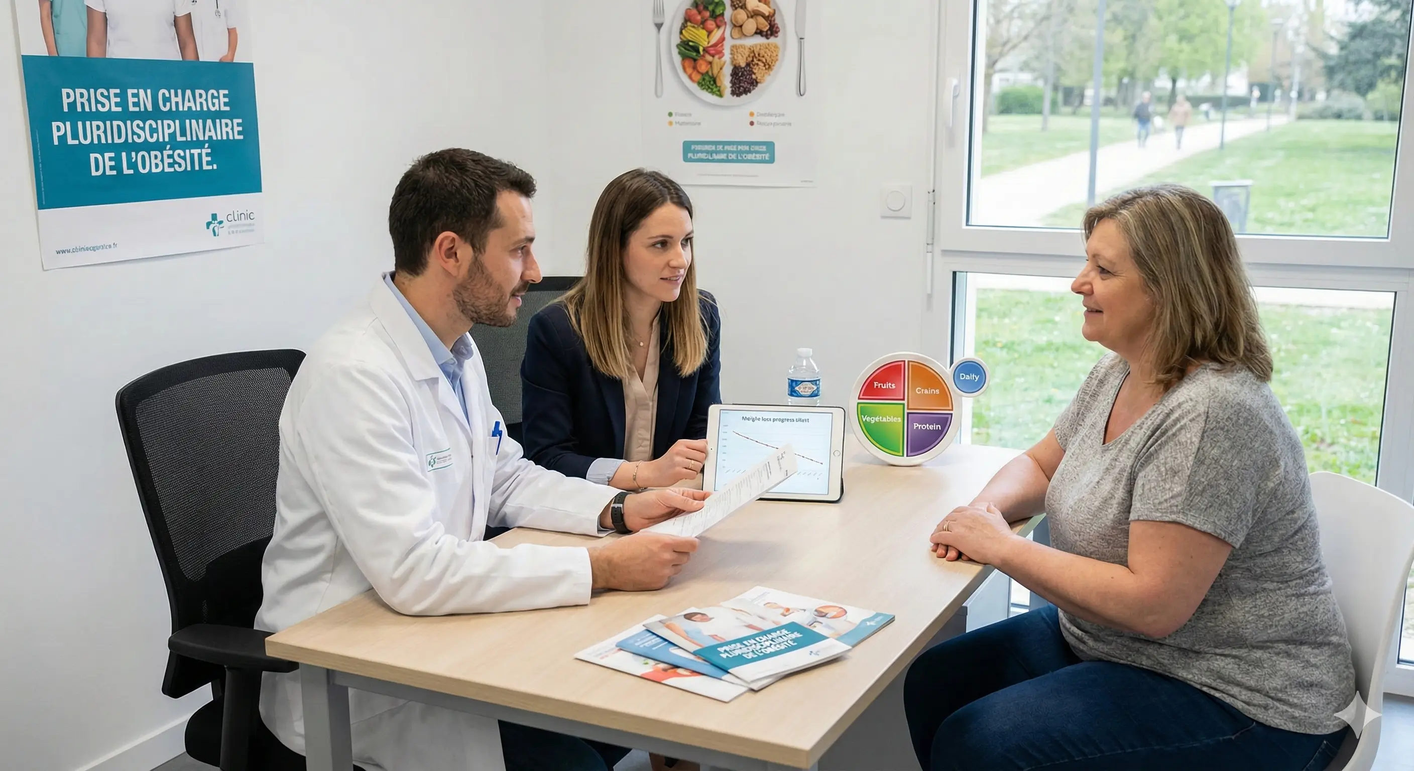 Consultation médicale pluridisciplinaire pour l'obésité : un médecin et une diététicienne discutent avec une patiente autour d'une tablette affichant un graphique, dans un cabinet avec une affiche sur la prise en charge de l'obésité.
