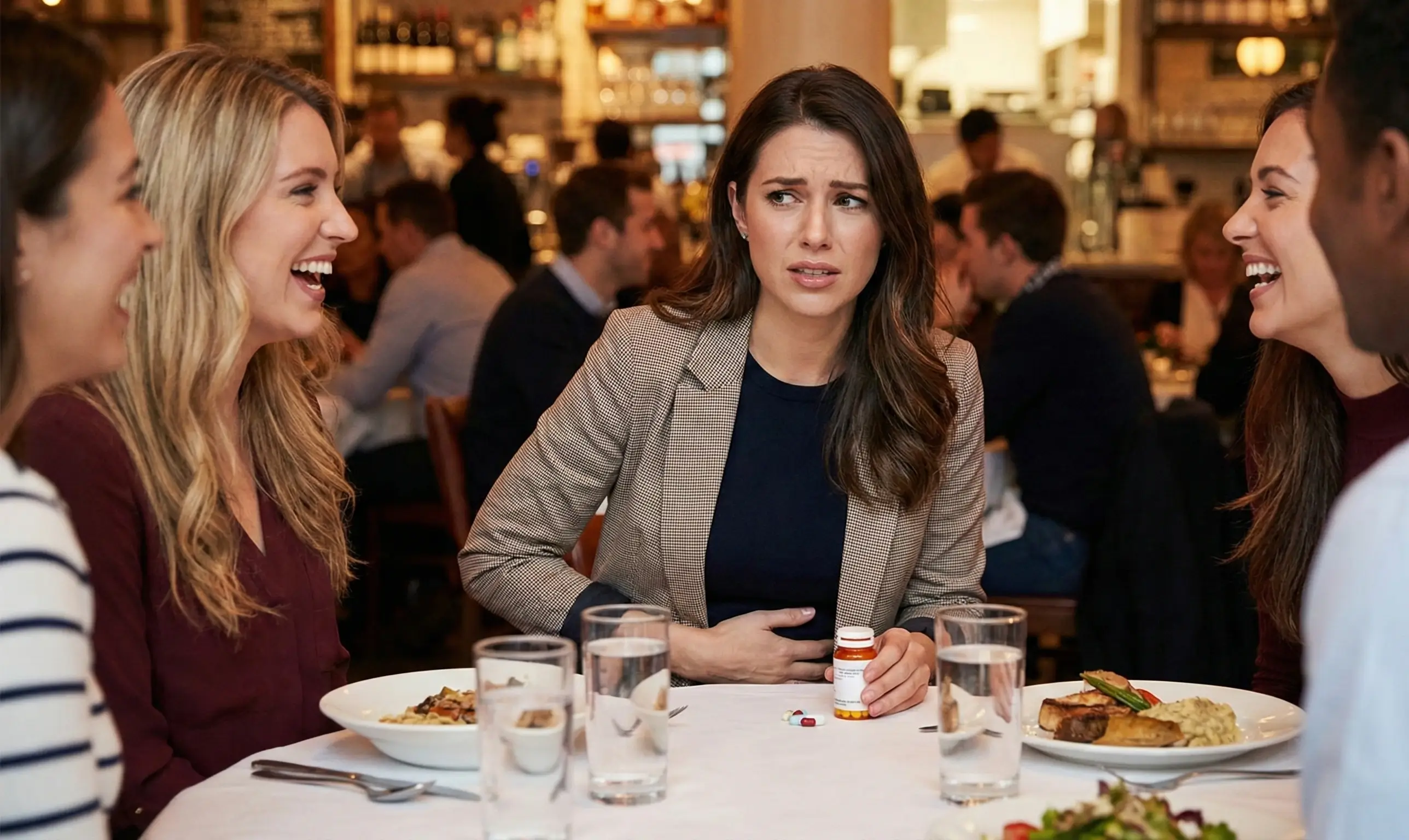 Femme gênée au restaurant tenant un médicament pour infection urinaire