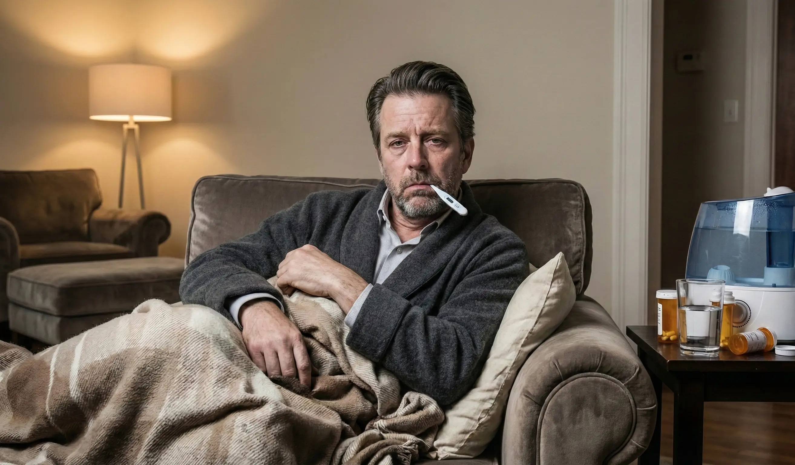 Homme d'âge moyen visiblement atteint de la grippe K, allongé sur un fauteuil avec un thermomètre en bouche, des médicaments, des mouchoirs et un humidificateur à côté de lui.