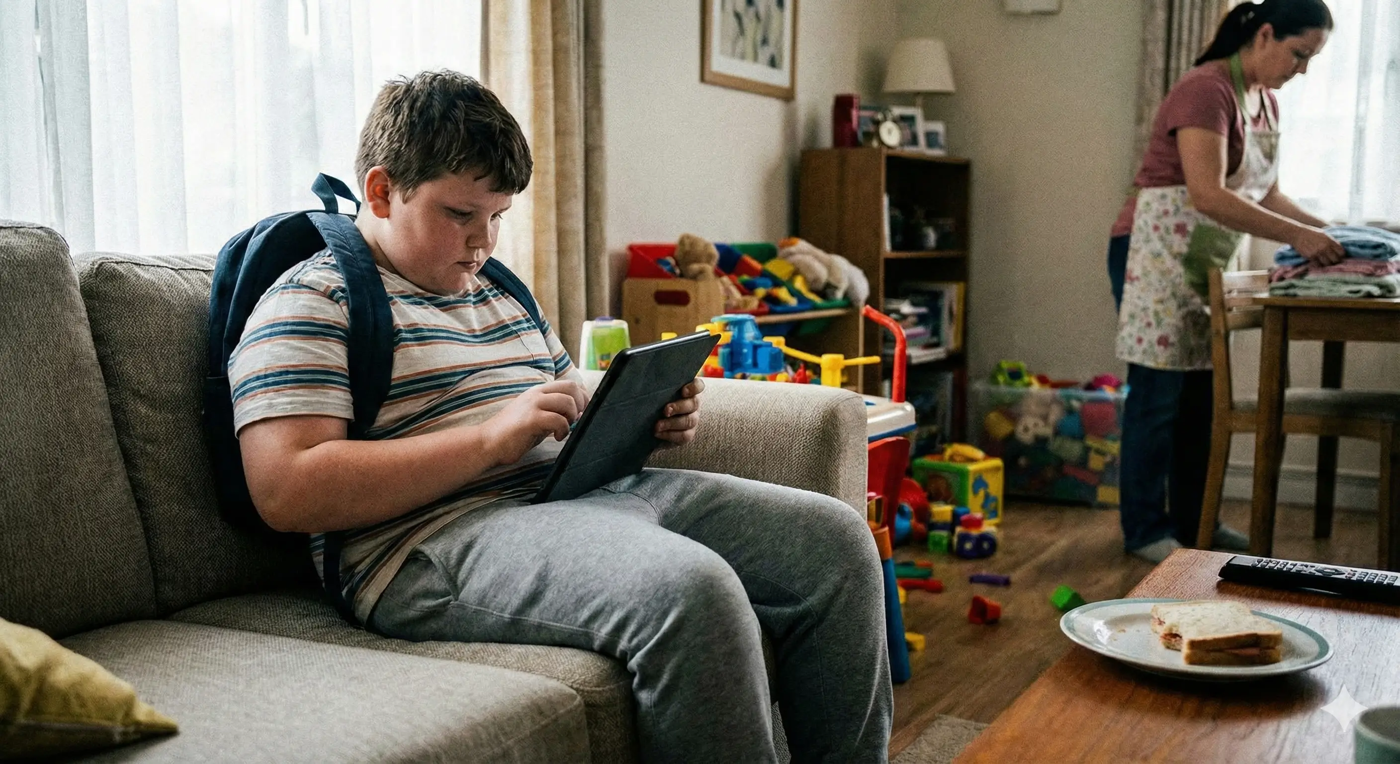 Enfant obèse sur un canapé avec une tablette.
