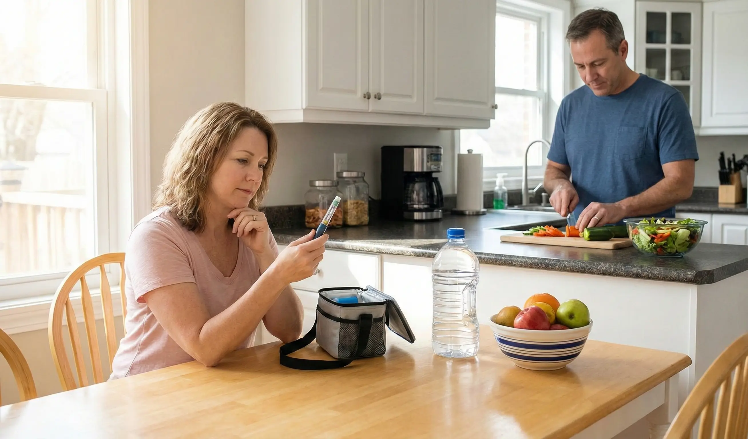 Femme tenant un stylo injecteur GLP-1 dans sa cuisine avec des fruits frais et des légumes en préparation, illustrant un mode de vie sain pour la perte de poids.