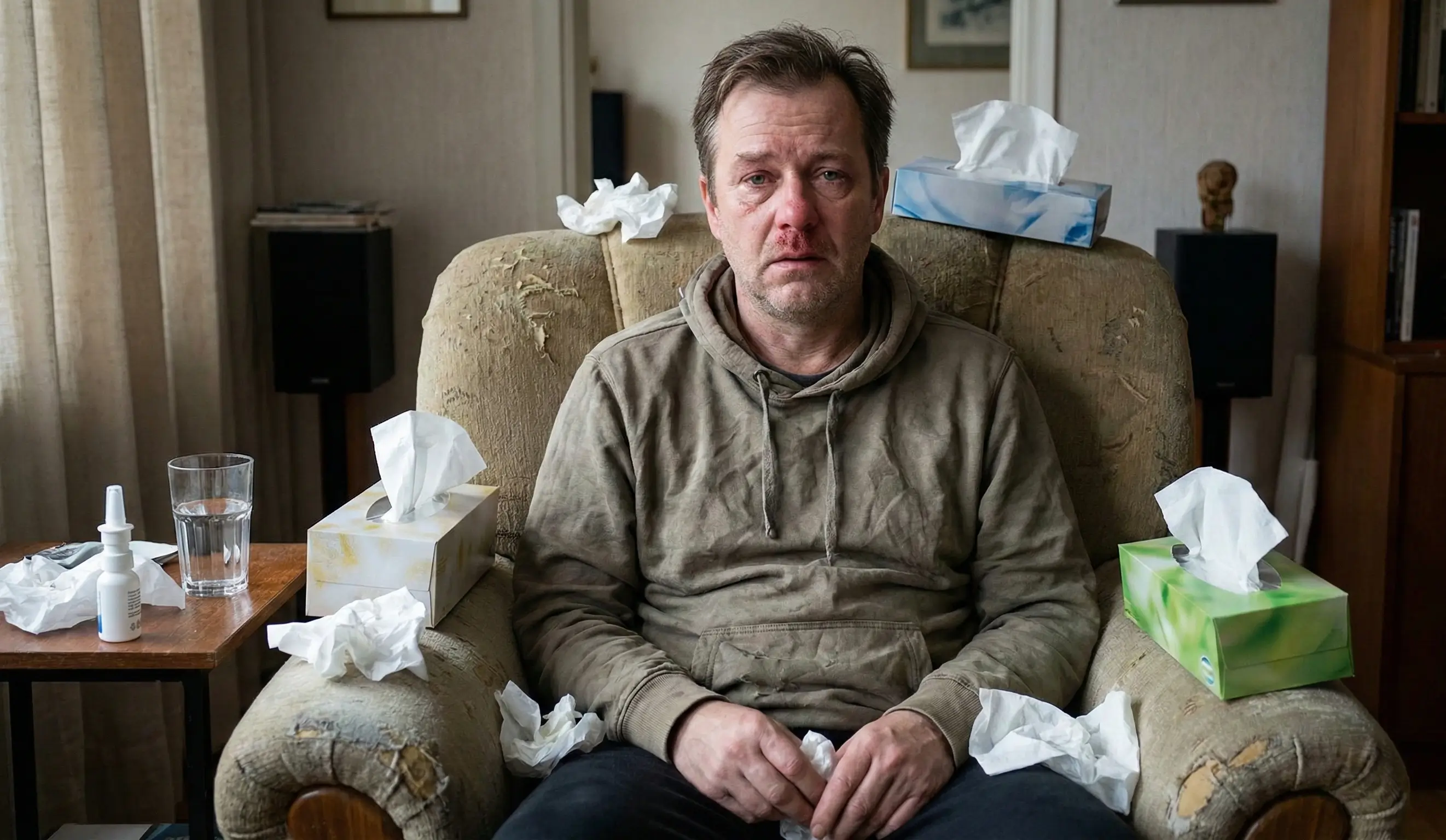 Homme souffrant de rhinite sur son canapé entouré de mouchoirs et de spray nasal, repos à domicile