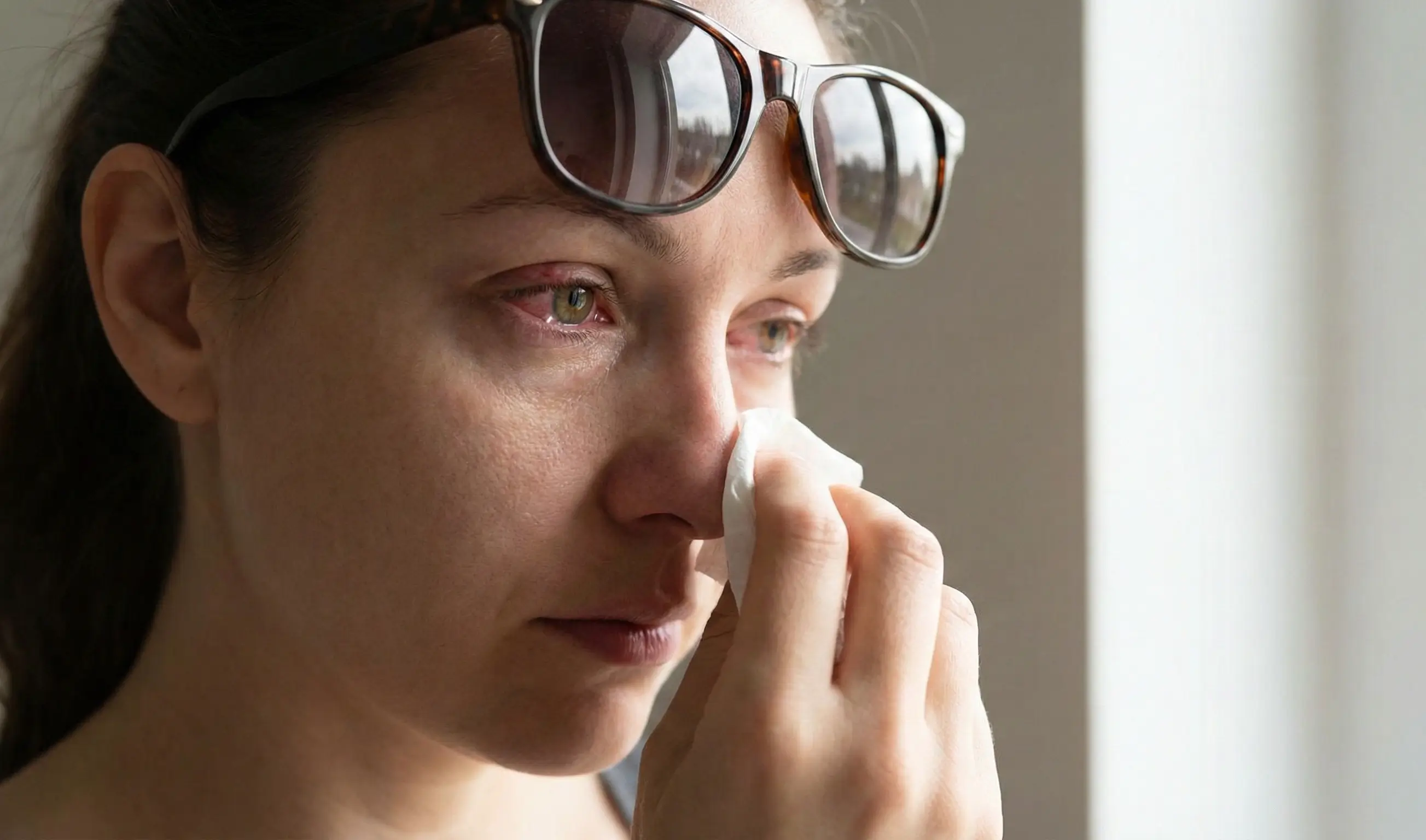 Gros plan œil rouge et irrité - symptômes typiques de la conjonctivite