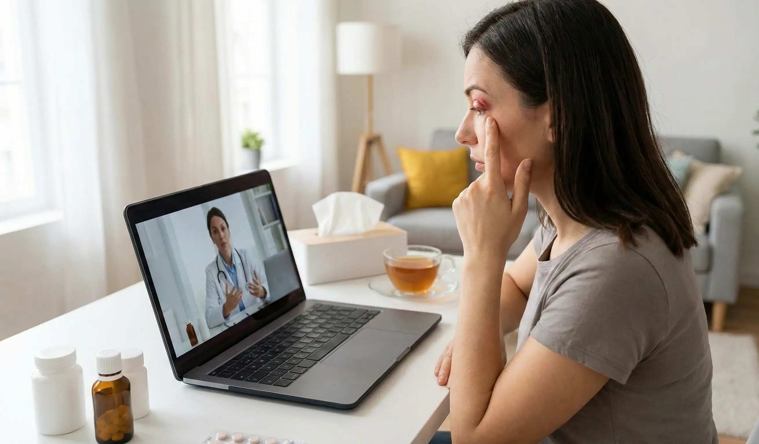 Femme en téléconsultation médicale pour conjonctivite avec œil rouge irrité