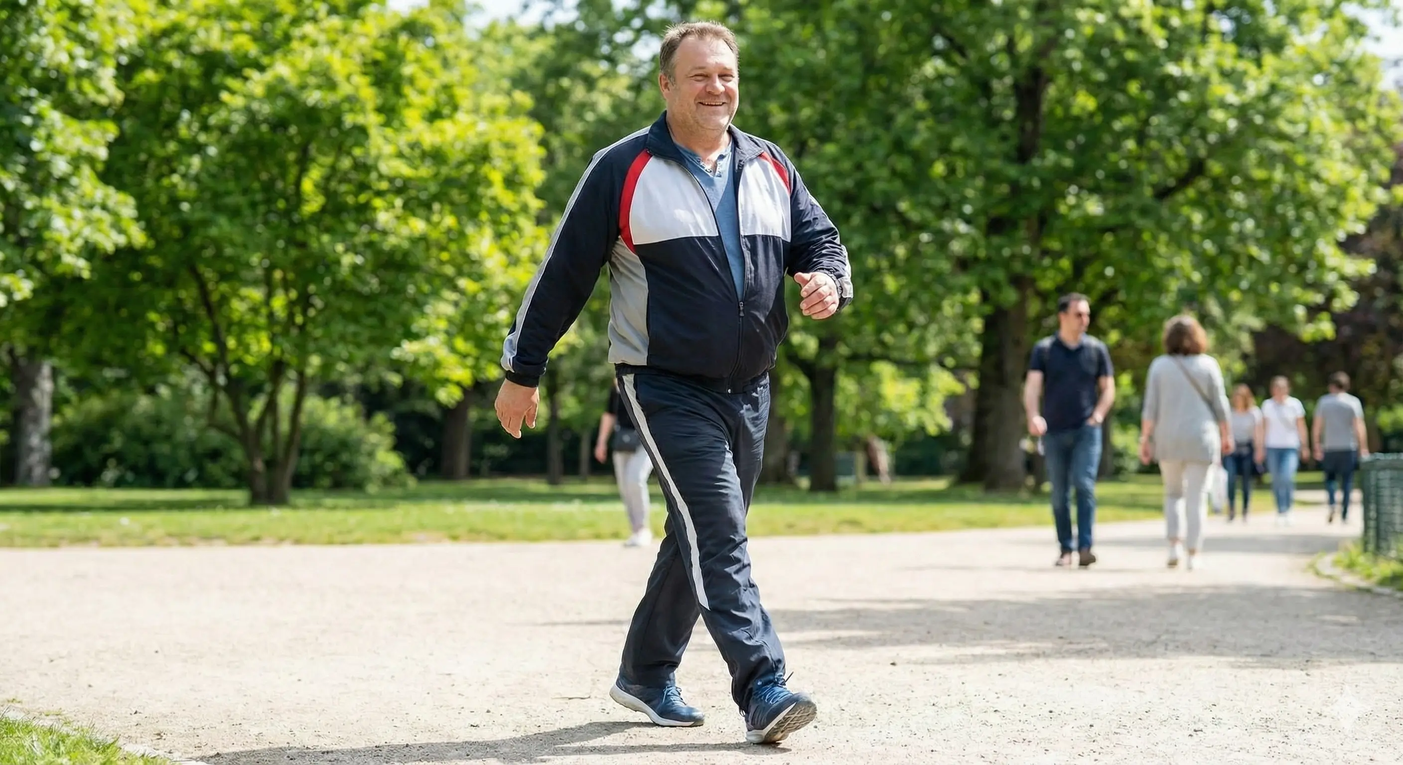 Une homme en tenue de sport marchant dans un parc pour faire une routine d'exercice 