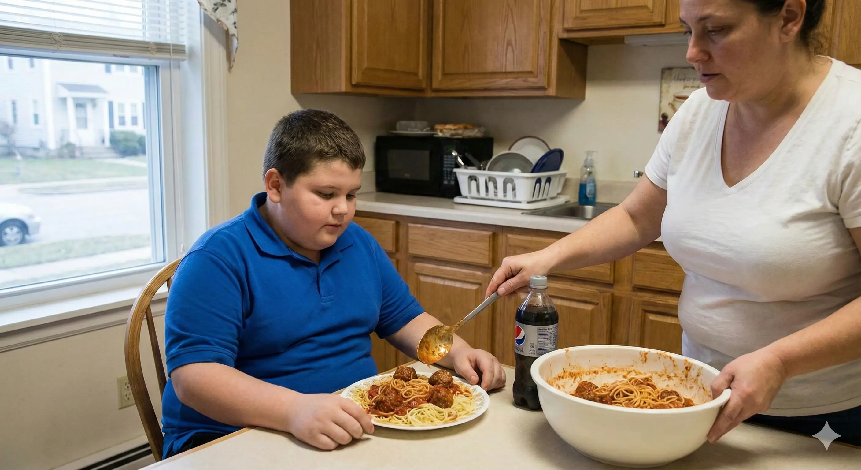 Enfant obèse assis à une table, mangeant des spaghettis, pendant que sa mère lui sert une portion supplémentaire.