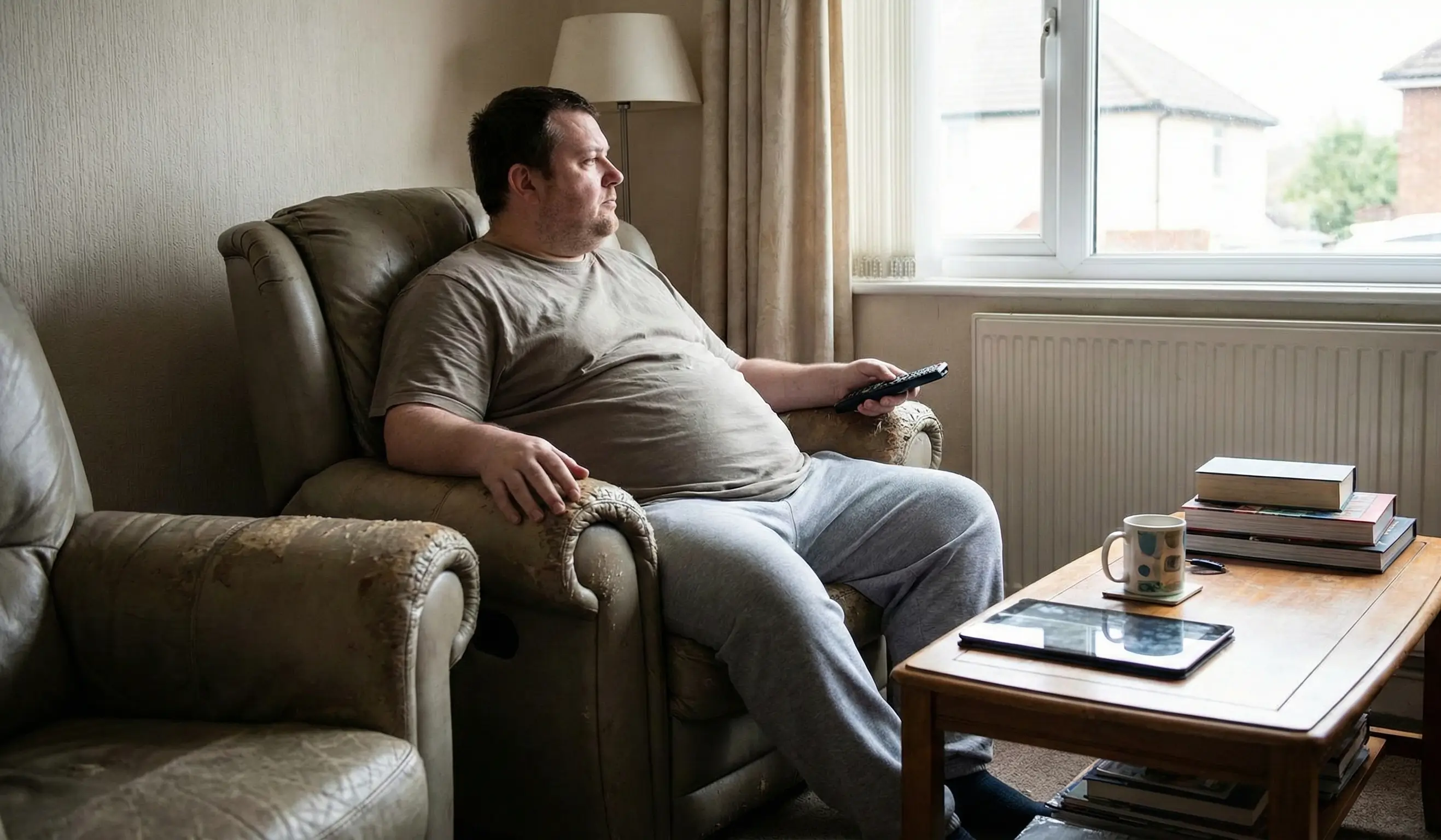 Homme en surpoids assis dans un fauteuil avec une télécommande, illustrant un mode de vie sédentaire et les conditions pouvant nécessiter un traitement GLP-1 pour la perte de poids.