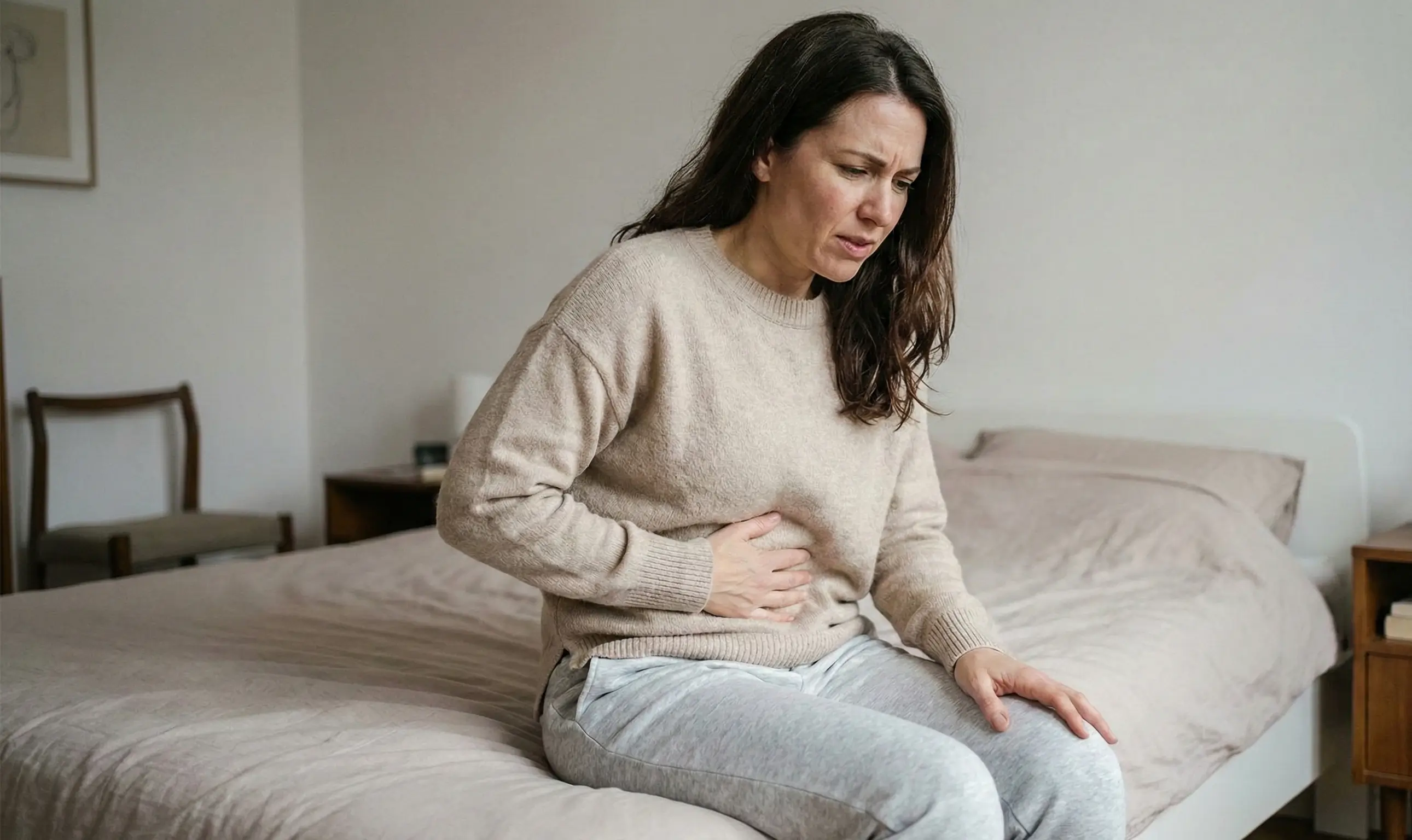 Femme assise sur un lit, tenant son ventre avec une expression de douleur, semblant souffrir de maux de ventre dans une chambre sobre.