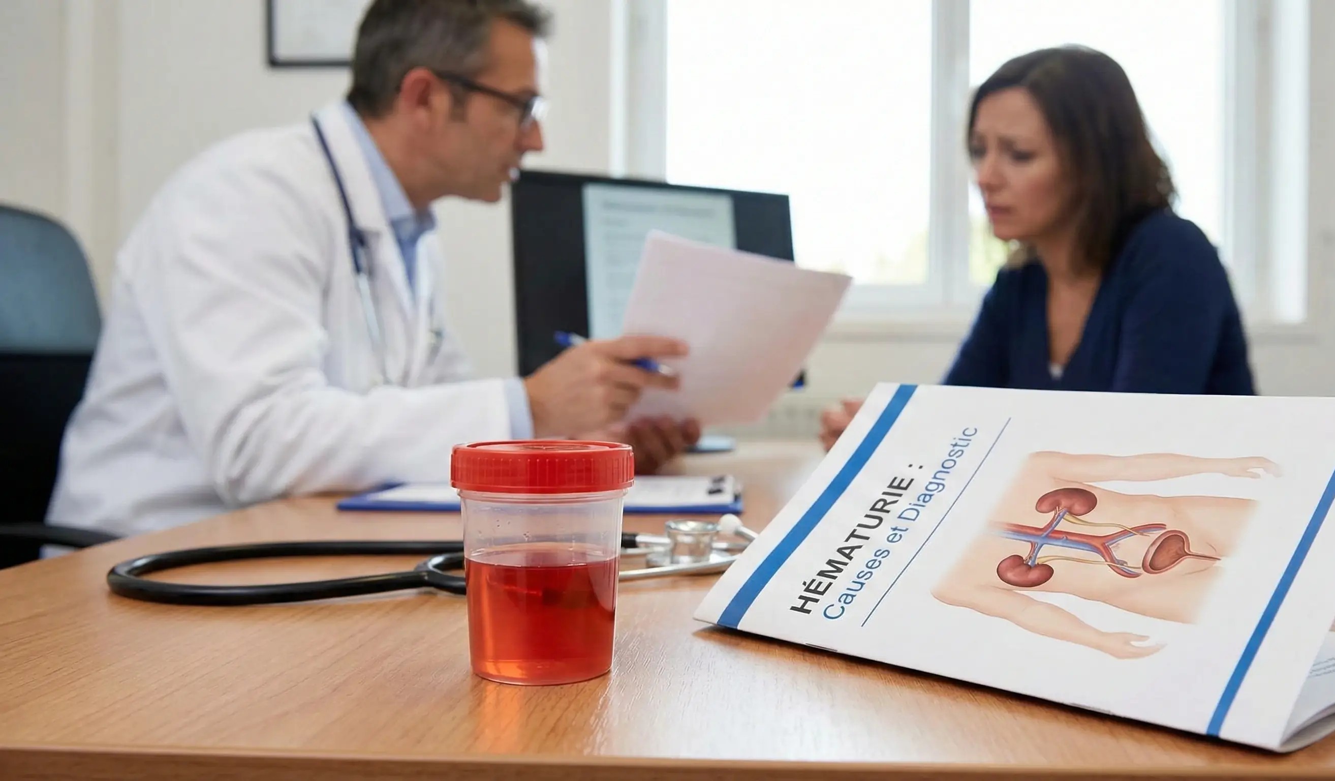 Une femme à l'air soucieux en consultation avec un médecin qui lui explique des résultats.