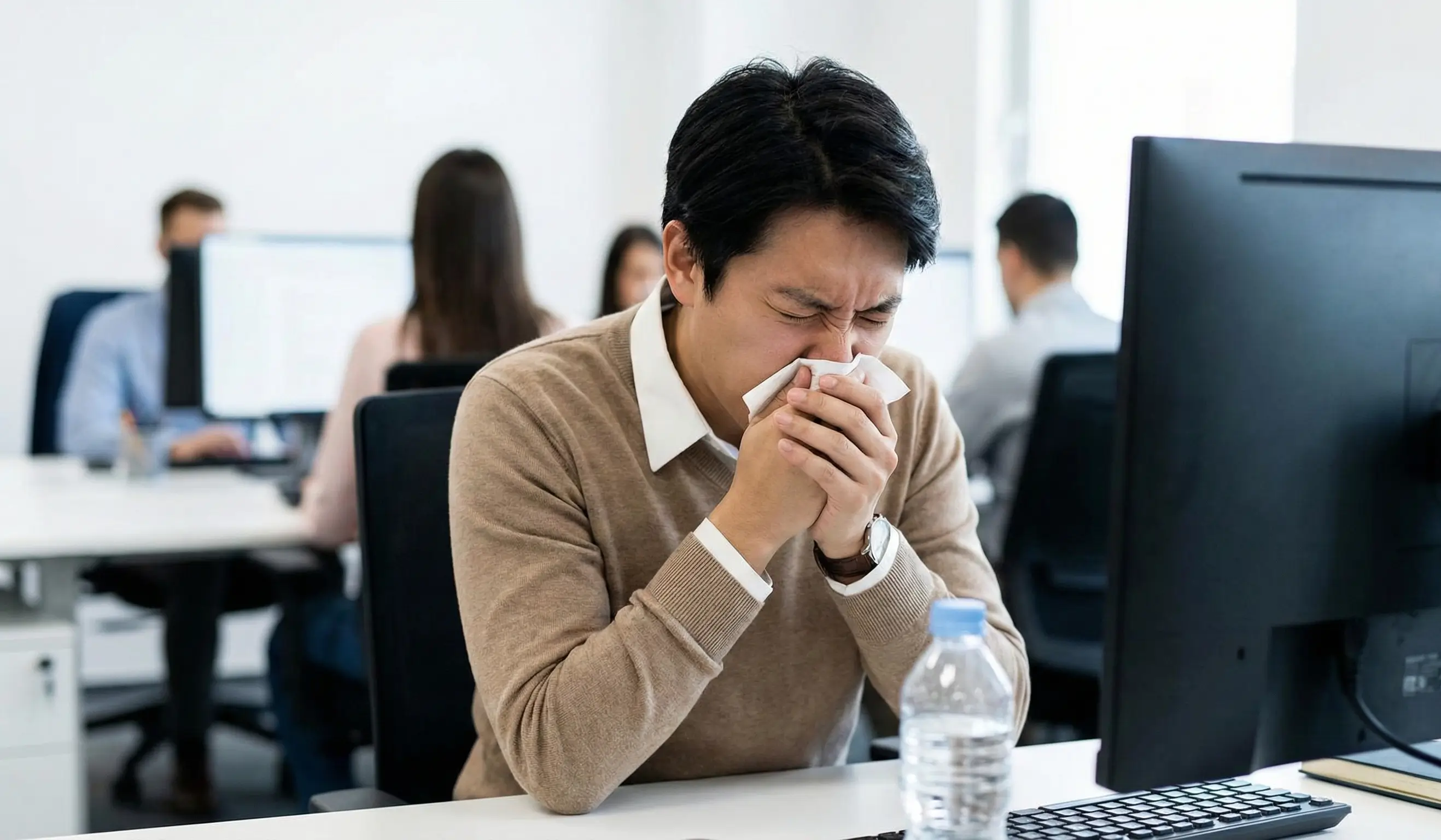 Un employé de bureau tousse dans un mouchoir à son poste de travail.