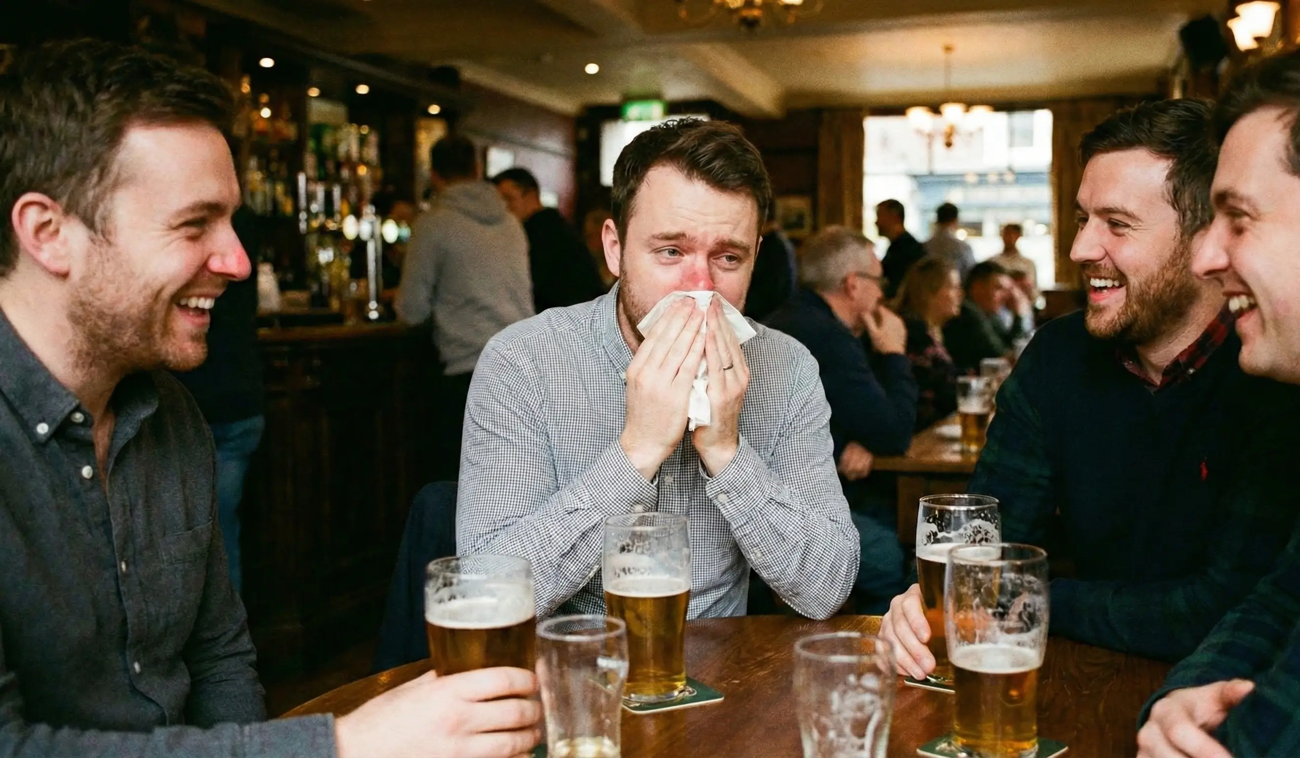 Homme souffrant de rhinite se mouchant au bar avec des amis