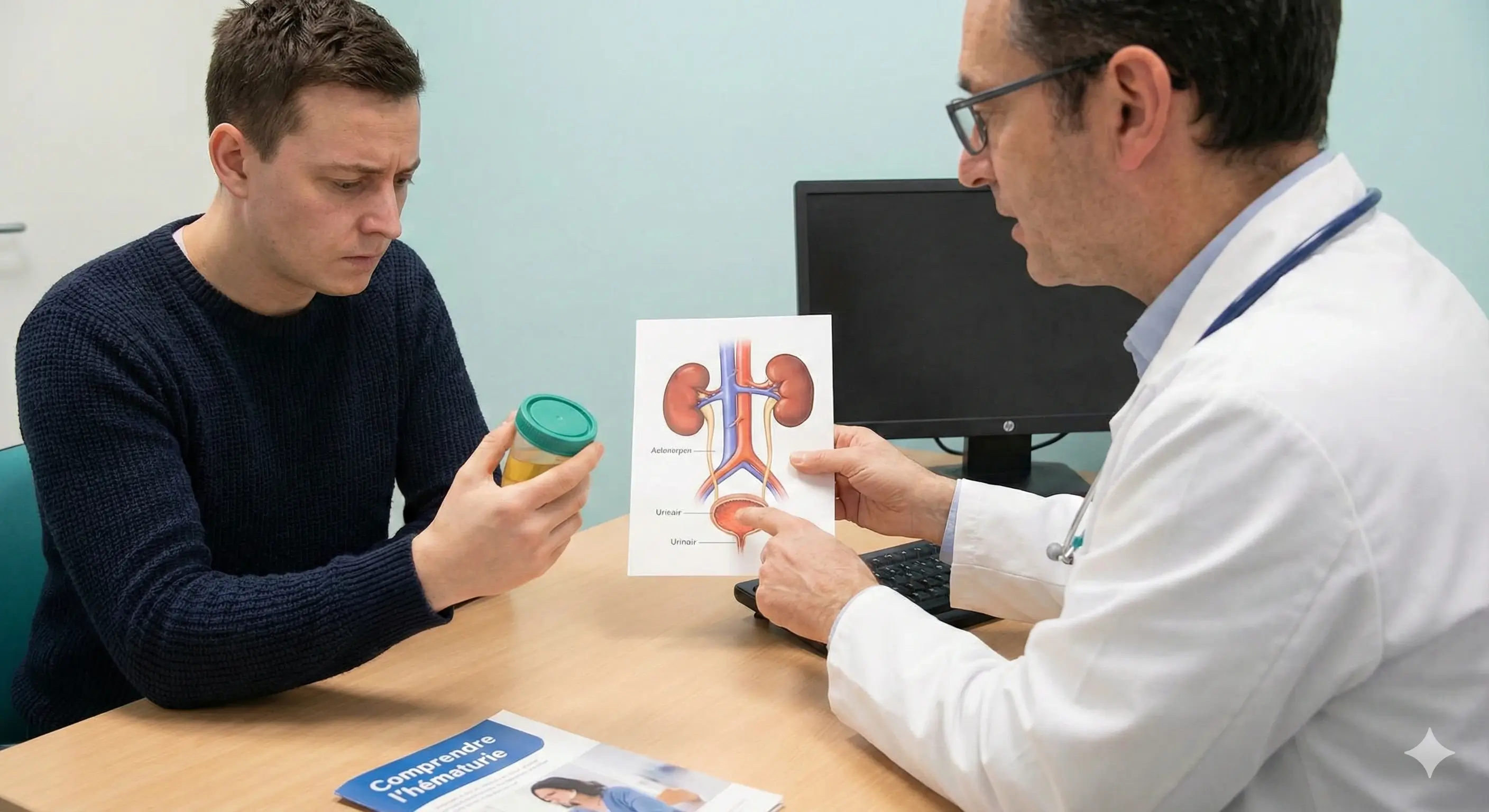 Un médecin en blouse blanche et lunettes explique un schéma anatomique du système rénal et urinaire à un patient assis en face de lui. Le patient, l'air soucieux, tient un flacon contenant un échantillon d'urine. Sur le bureau, on distingue une brochure intitulée "Comprendre l'hématurie".