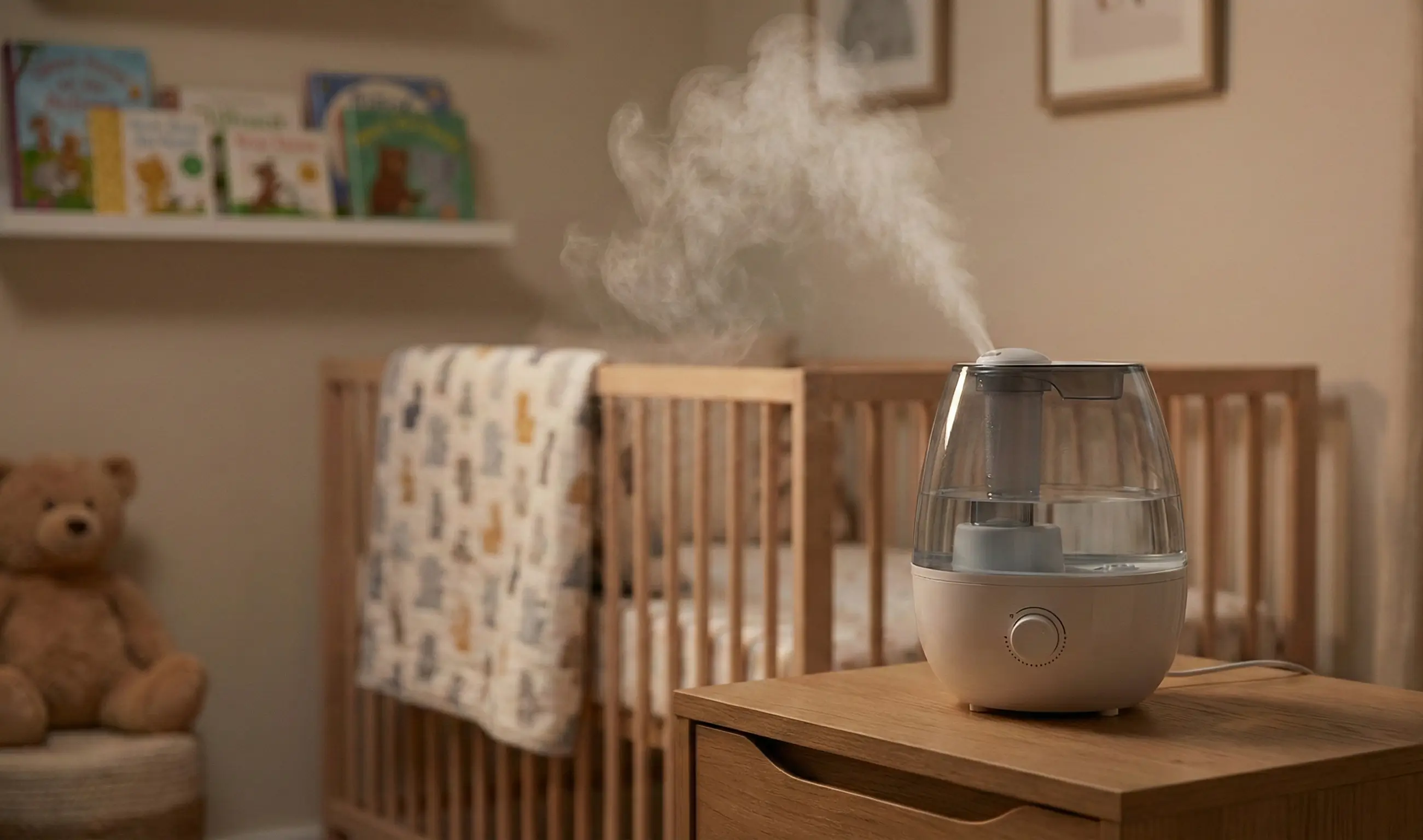 Humidificateur à brume froide diffusant de la vapeur dans une chambre de bébé pour soulager la laryngite et la toux.