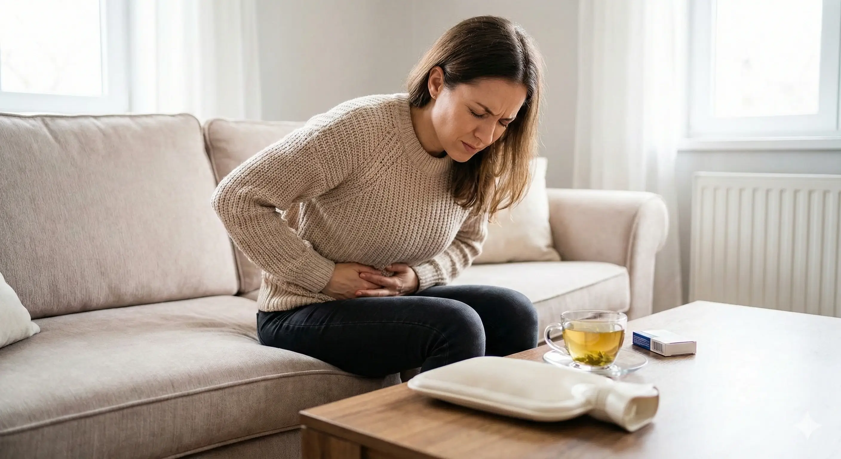 Femme asisse sur son canapé qui se tient le ventre de douleur avec devant elle un thé et une bouillotte