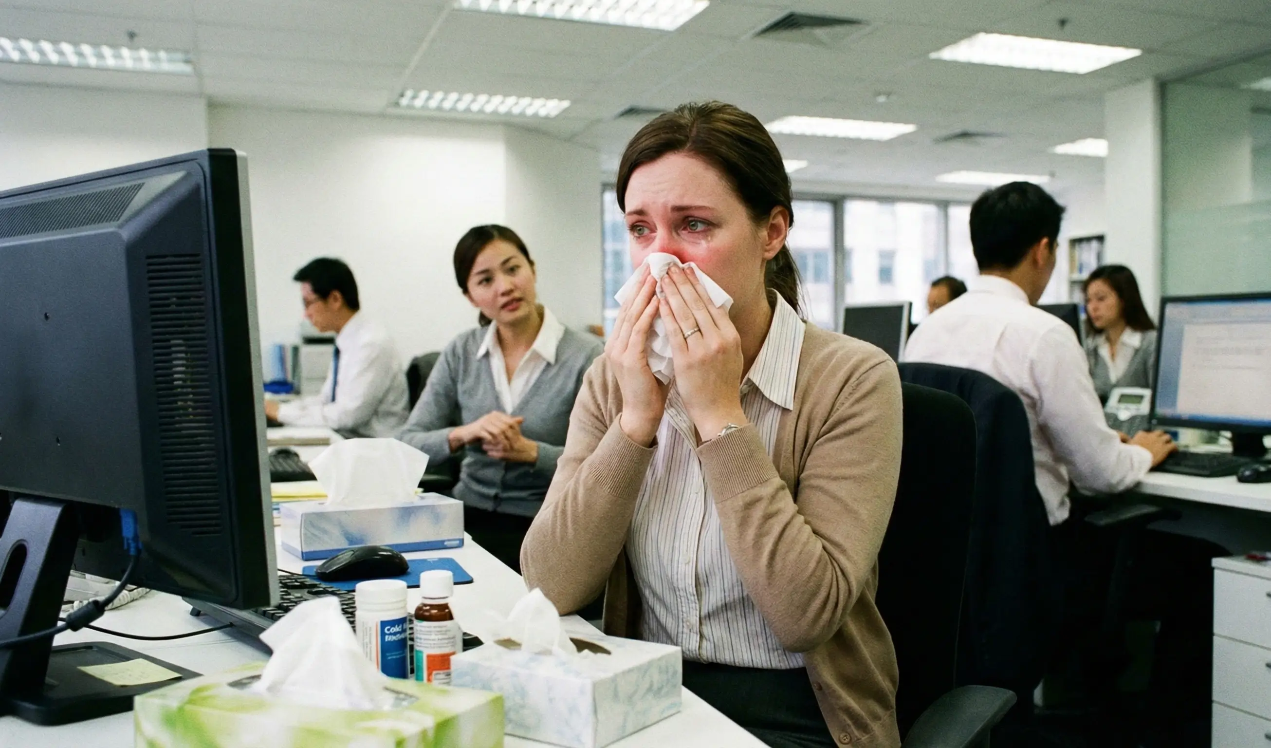 Femme souffrant de rhinite au bureau se mouchant avec médicaments sur le poste de travail