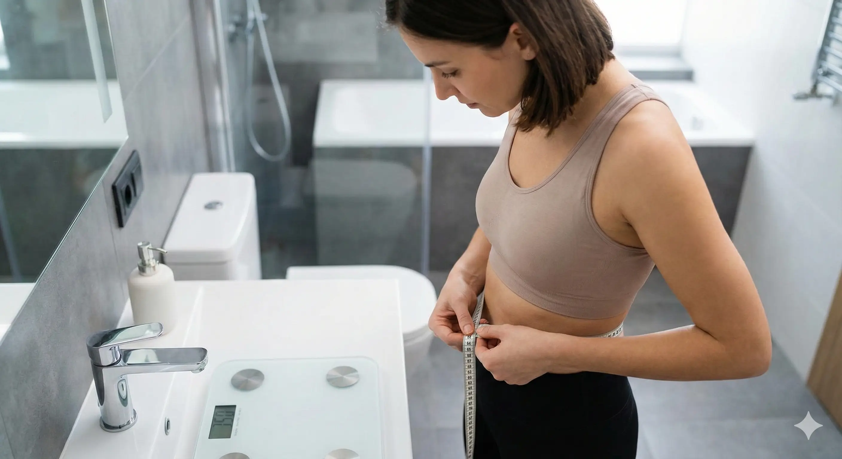 Femme mesurant son tour de taille avec un mètre ruban dans une salle de bain, portant une tenue de sportRéessayer