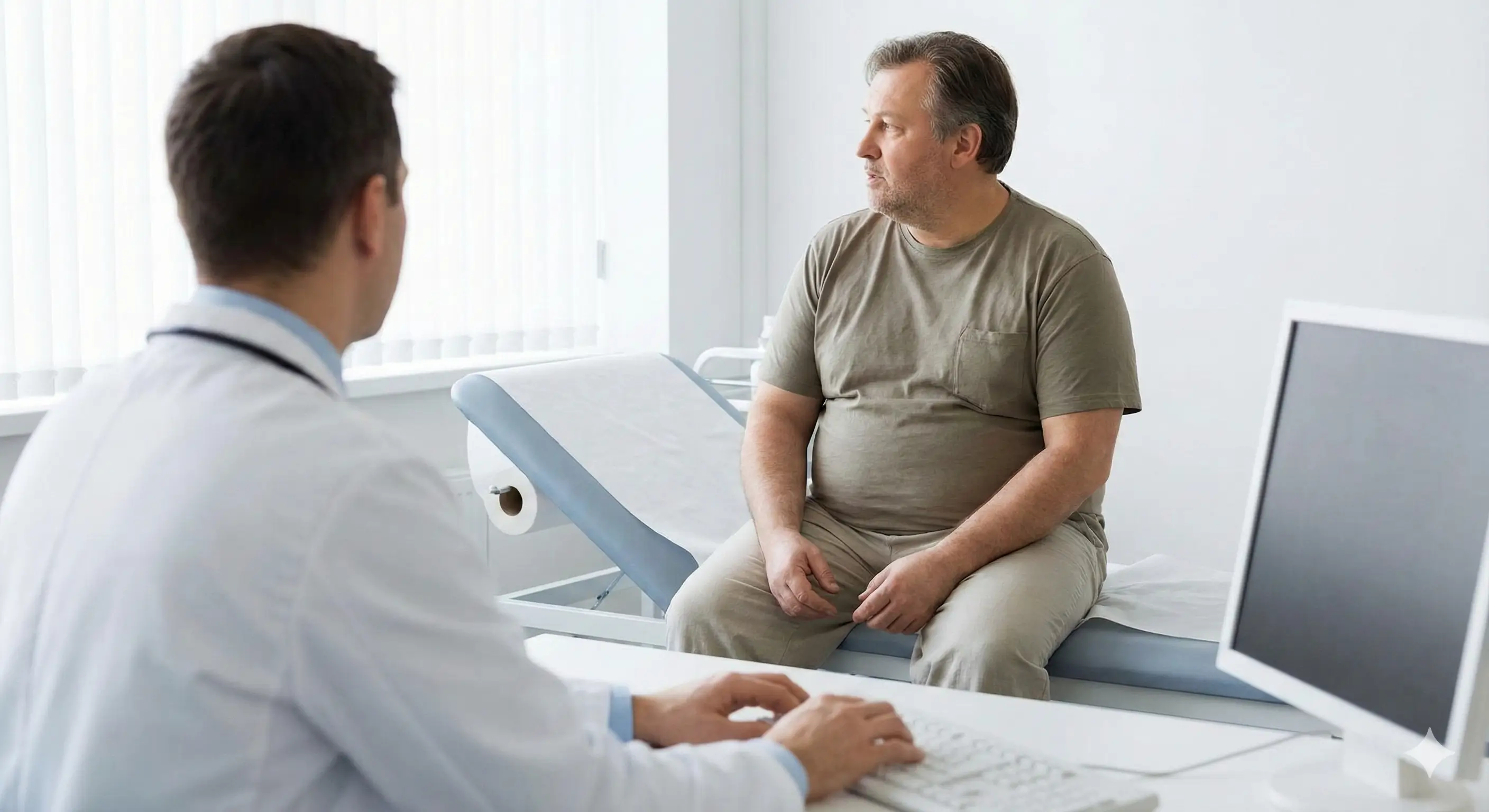 Patient en surpoids en consultation médicale avec un médecin dans un cabinet, assis sur une table d'examen