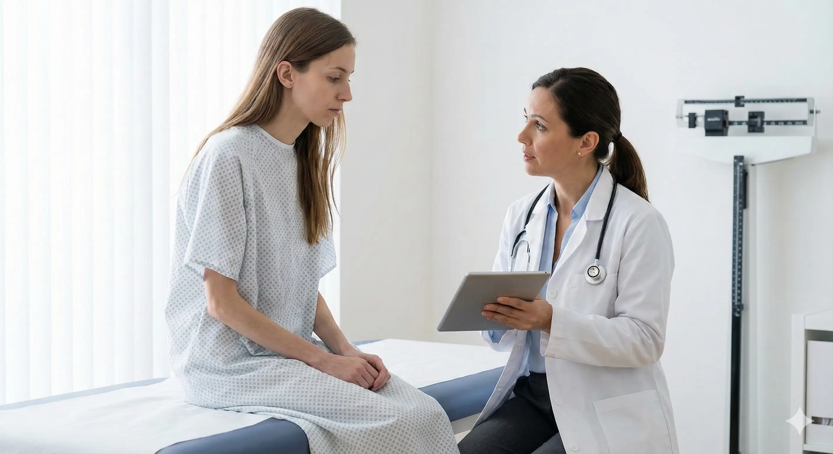 Patiente en insuffisance pondérale en blouse d'hôpital lors d'une consultation médicale avec un médecin