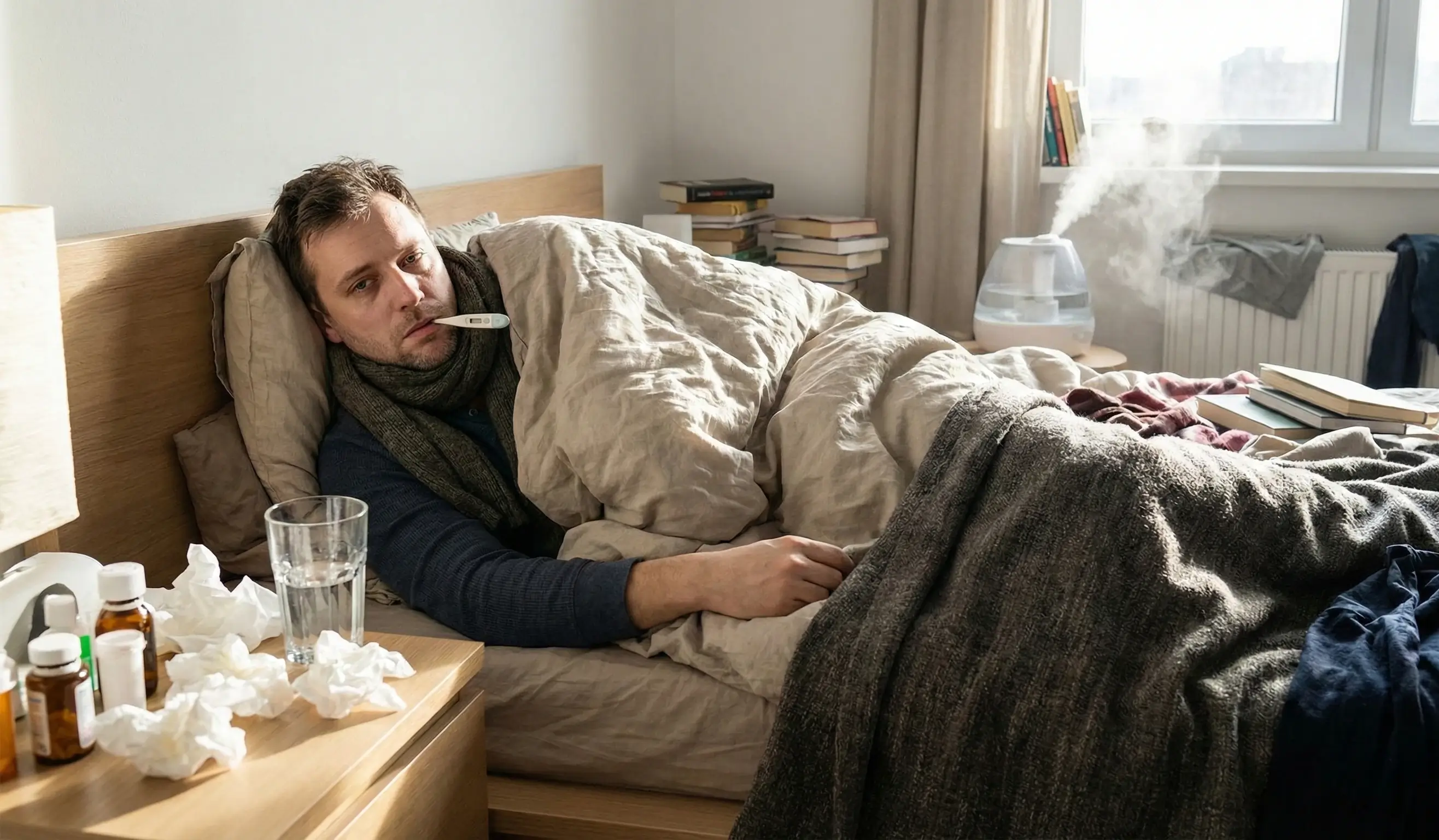Homme grippé alité avec un thermomètre, entouré de médicaments, mouchoirs et un humidificateur en marche.