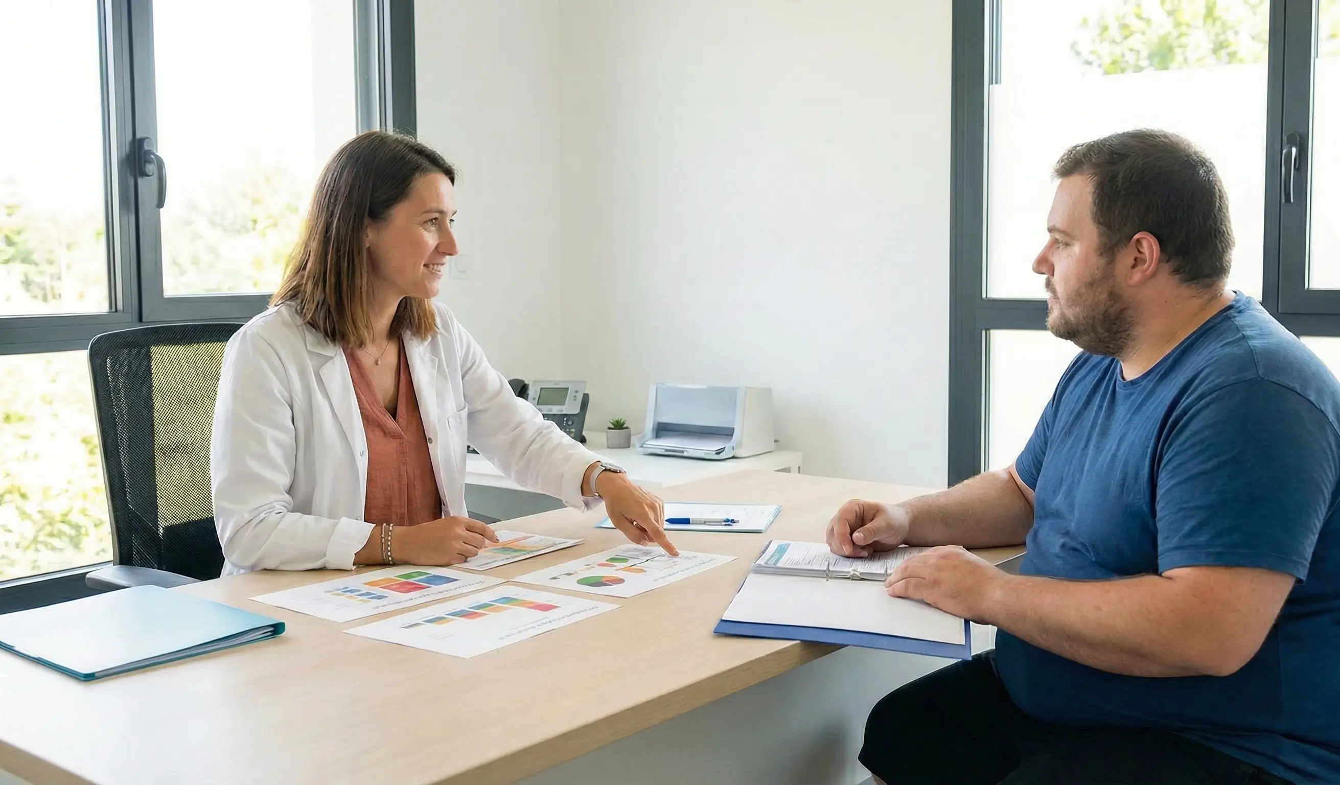 Une diététicienne et un patient obèse en train d’élaborer un programme pour perdre du poids.