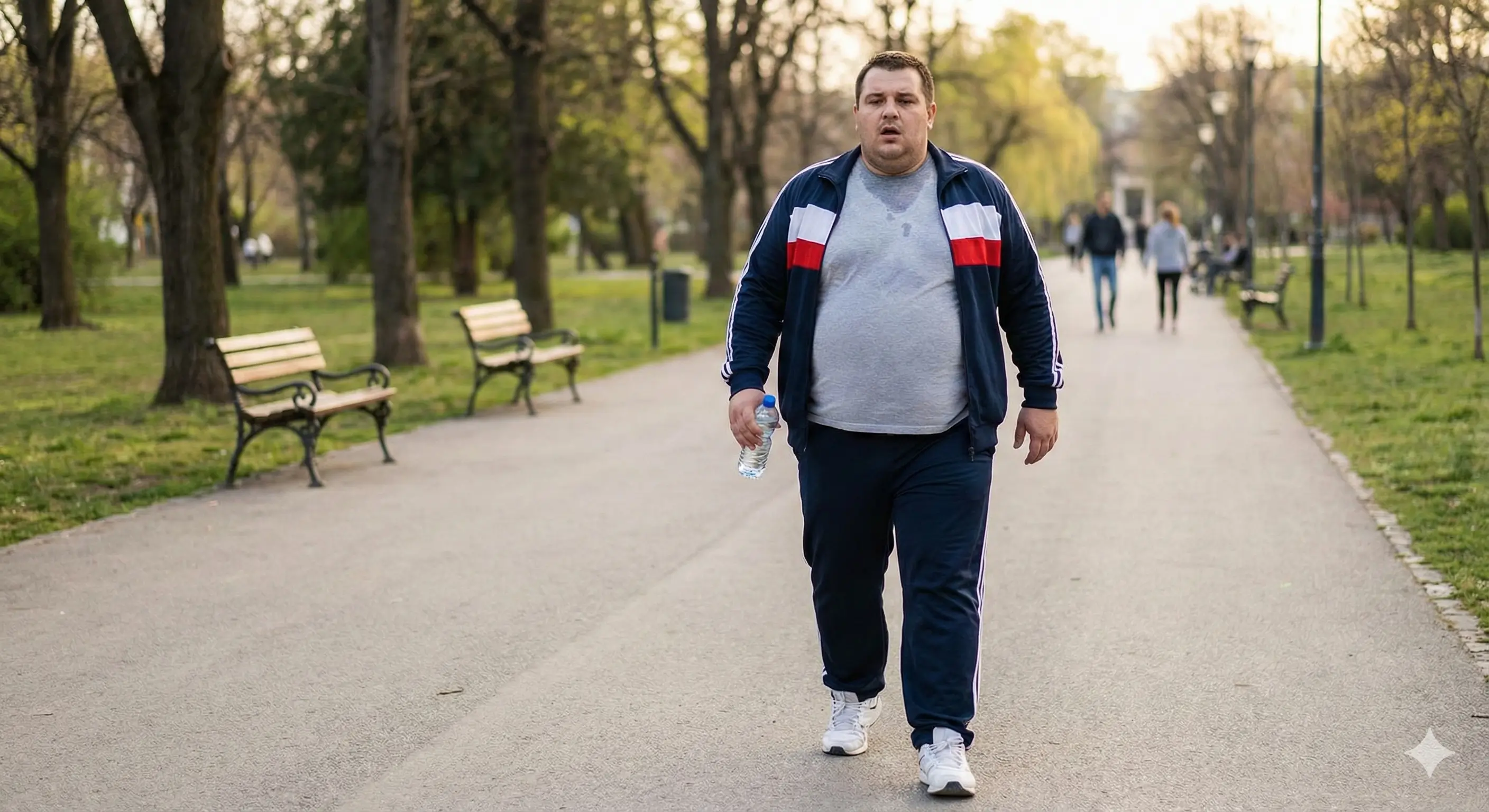 homme en tenue de sport marchant dans un parc sur une allée, tenant une bouteille d’eau, avec des bancs et des arbres en arrière-plan