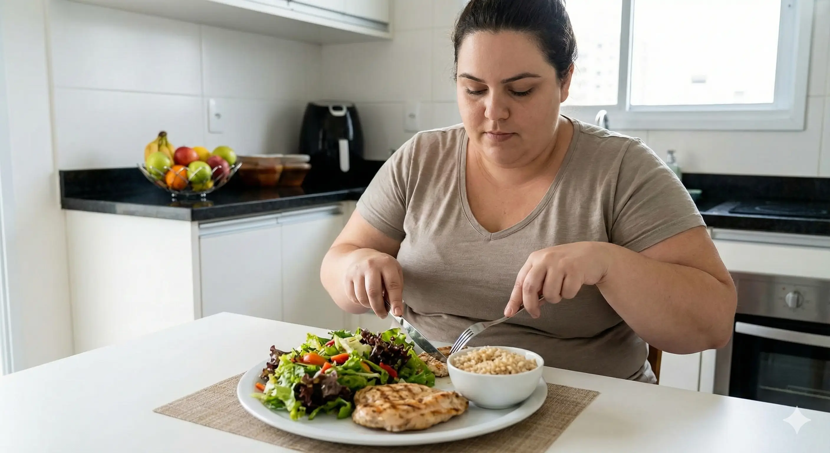 Une femme assise à une table de cuisine en train de manger un repas équilibré composé de poulet grillé, de salade verte et d'un bol de riz.
