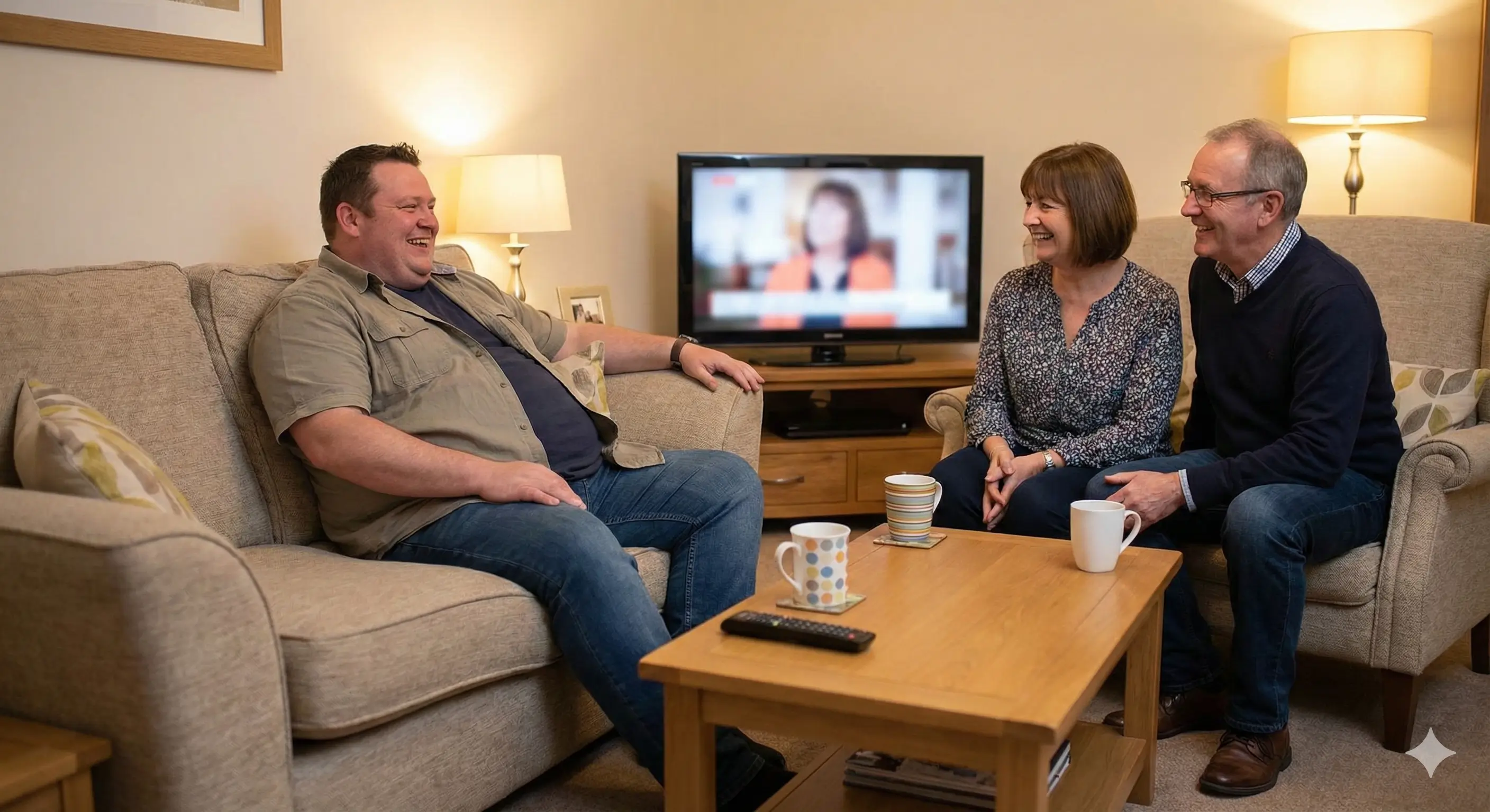Un homme en situation d'obésité discute et rit joyeusement avec ses proches dans un salon confortable.