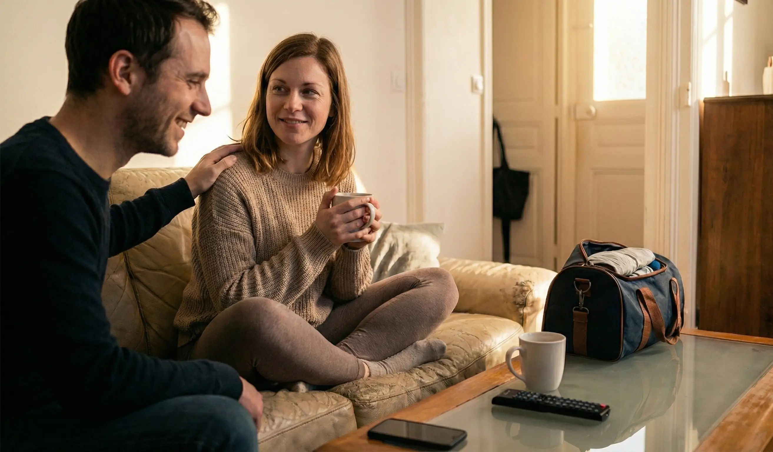 Couple complice et souriant échangeant un regard tendre dans un salon baigné de lumière.