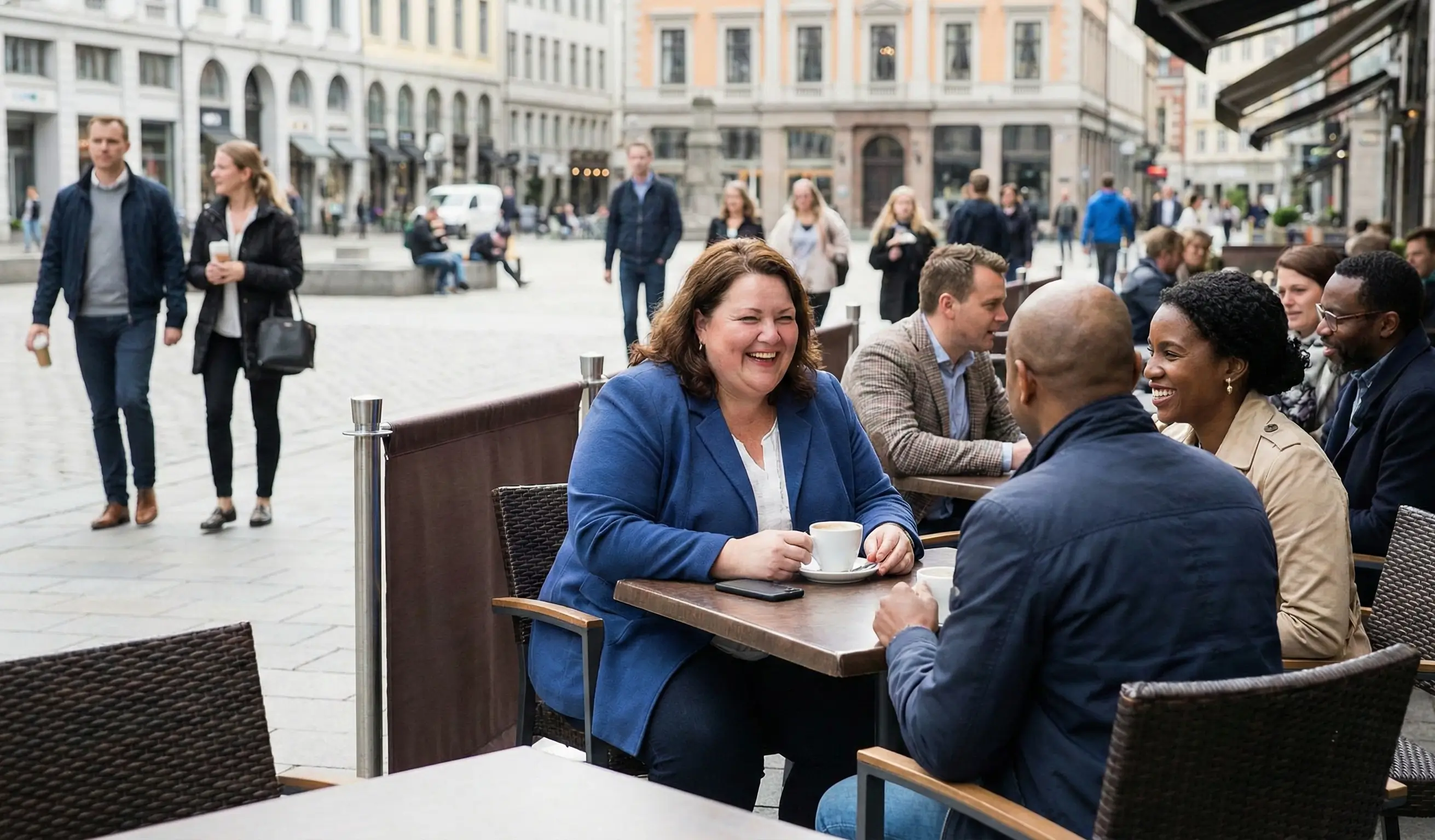 Une femme obèse souriante partage un moment convivial avec deux amis autour d'une table à la terrasse d'un café.