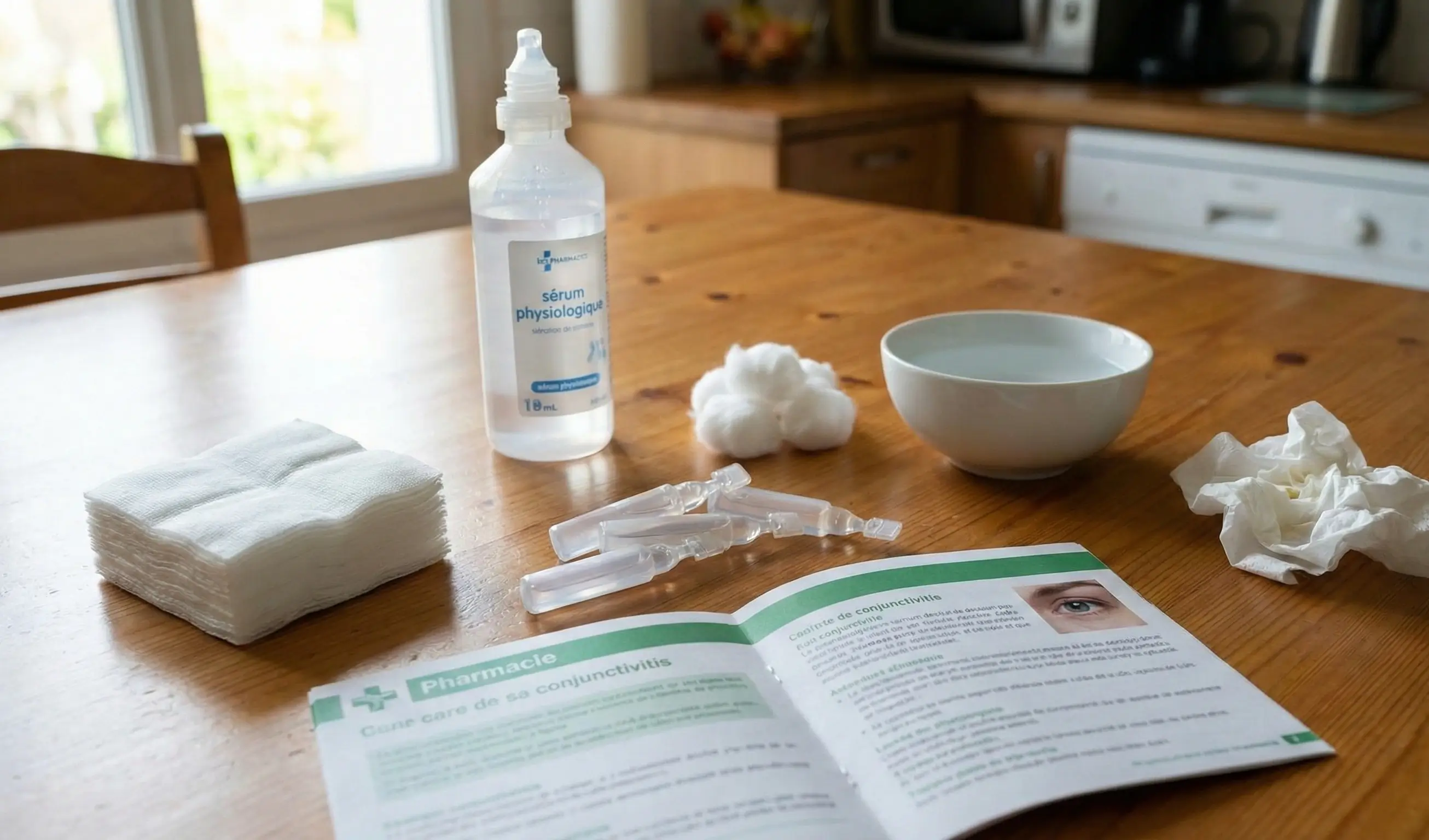 Produits de traitement conjonctivite : sérum physiologique, compresses stériles et notice pharmacie