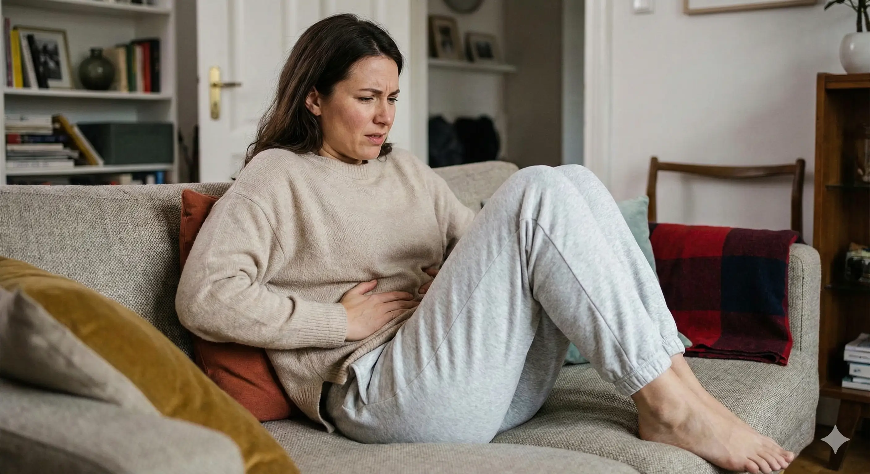 Femme assise en jogging se tenant le bas du ventre à cause de douleurs