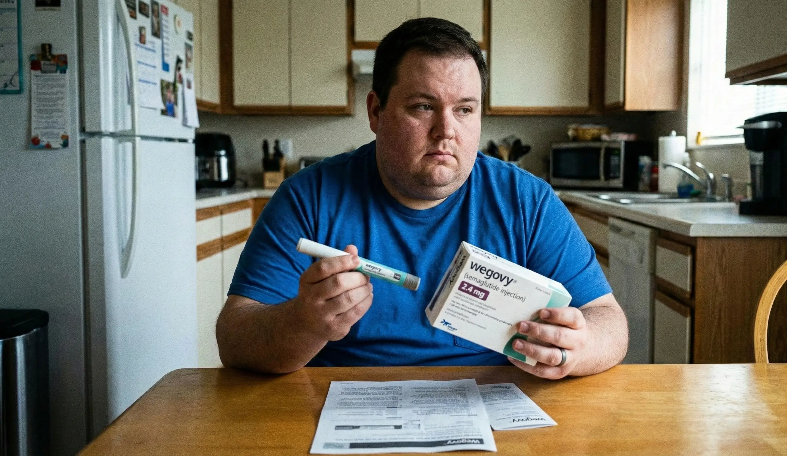 Homme obèse dans une cuisine tenant une boîte et un stylo injecteur de Wegovy.